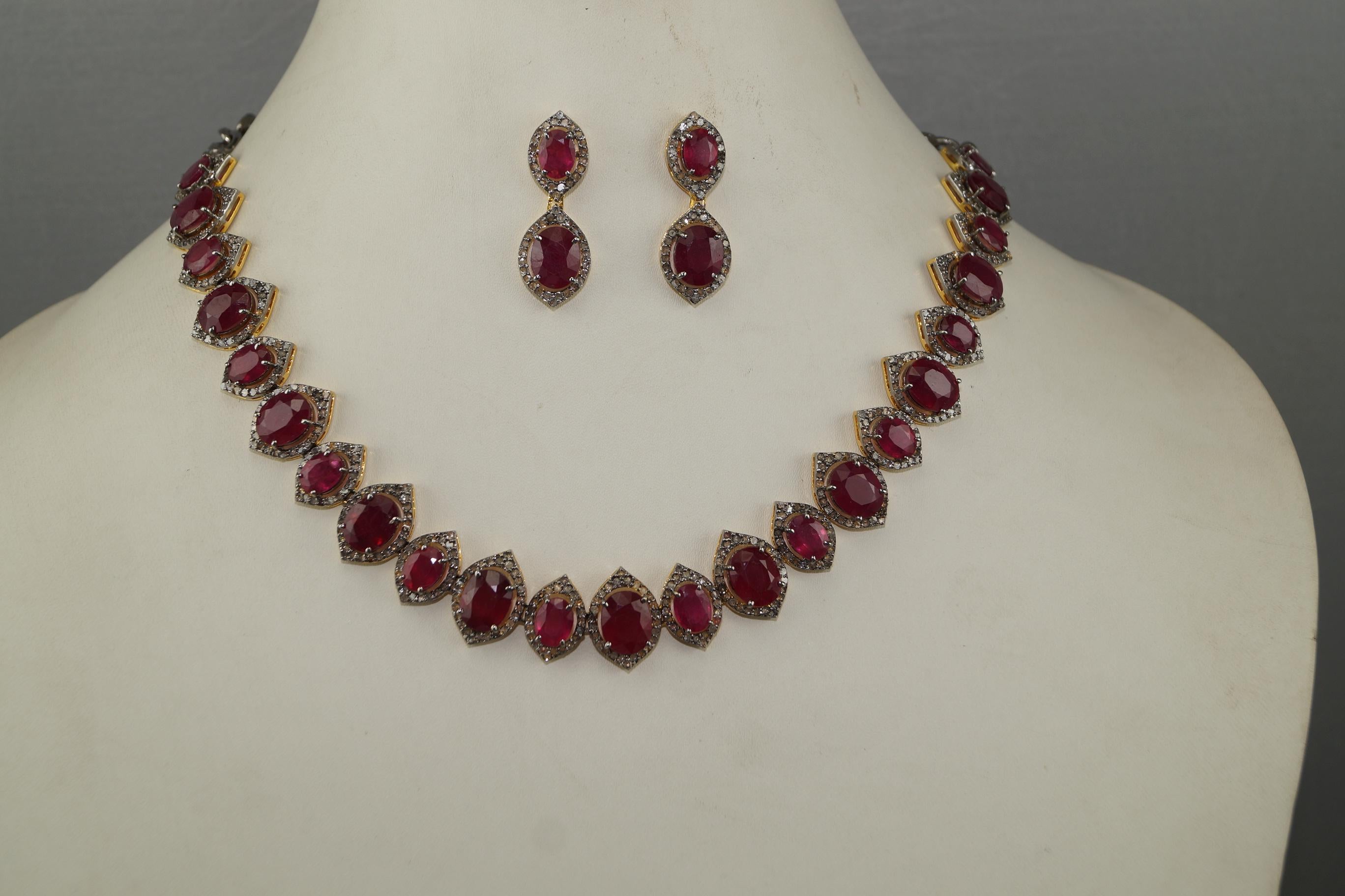 Certified Natural Pave Diamond Ruby Sterling silver bridal wedding necklace For Sale 8