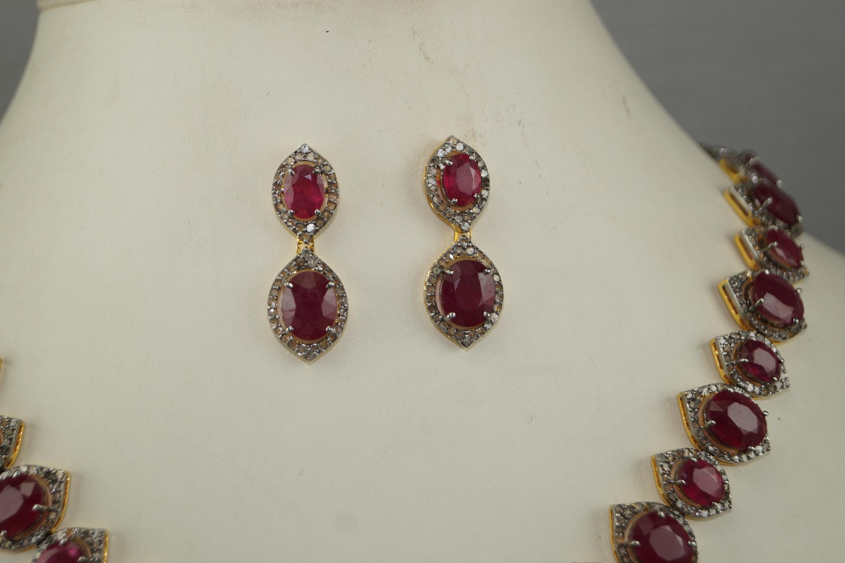 Certified Natural Pave Diamond Ruby Sterling silver bridal wedding necklace For Sale 9