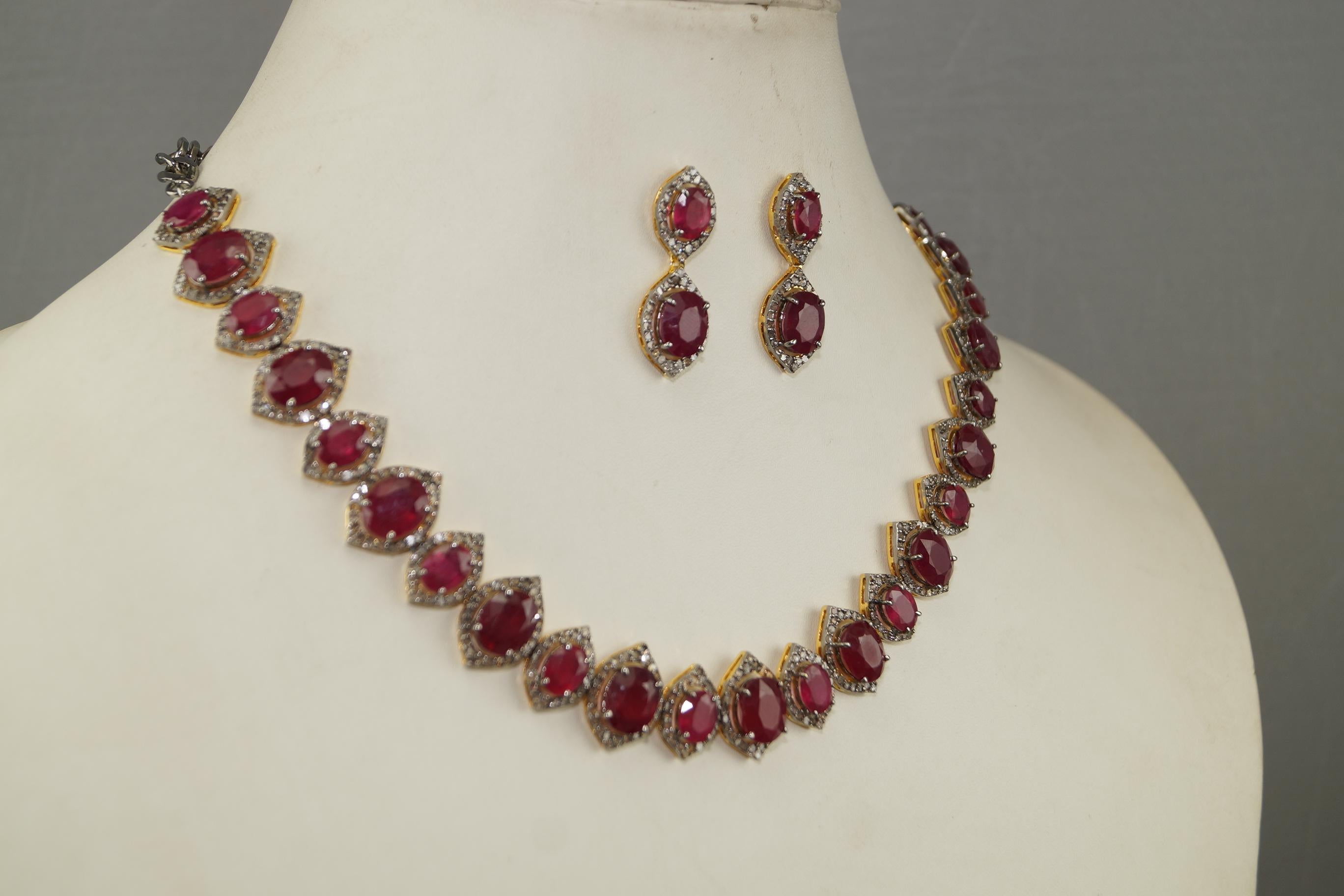 Certified Natural Pave Diamond Ruby Sterling silver bridal wedding necklace For Sale 10