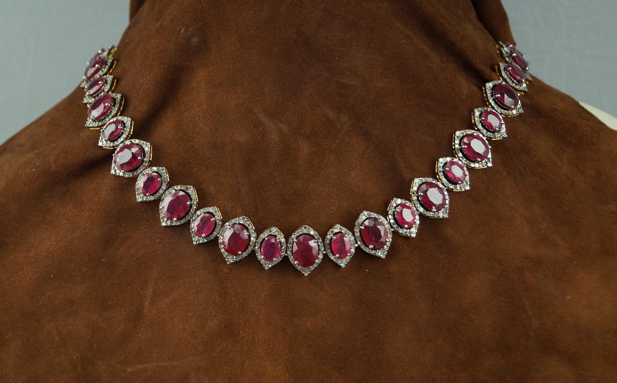 Marquise Cut Certified Natural Pave Diamond Ruby Sterling silver bridal wedding necklace For Sale