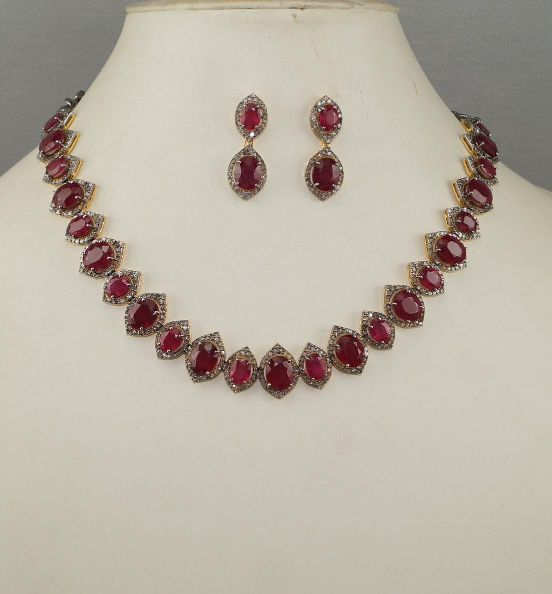 Certified Natural Pave Diamond Ruby Sterling silver bridal wedding necklace In New Condition For Sale In Delhi, DL