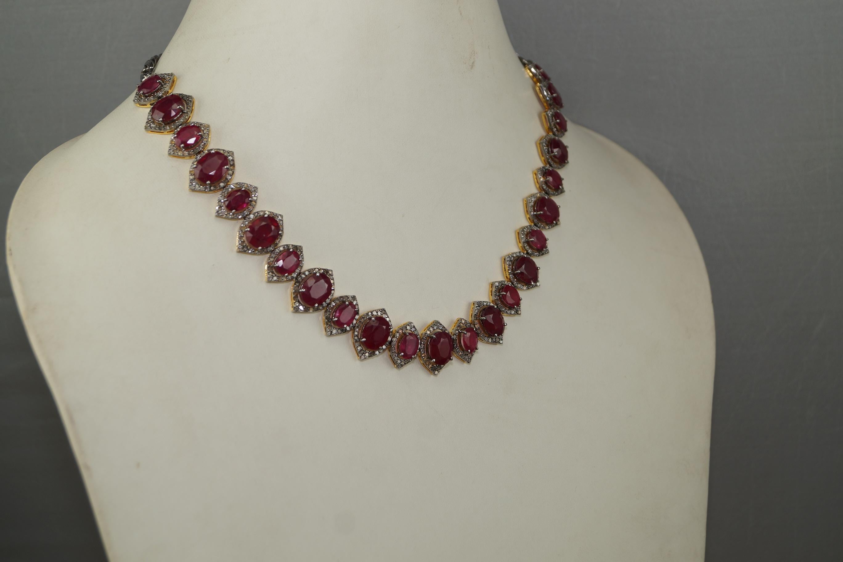 Certified Natural Pave Diamond Ruby Sterling silver bridal wedding necklace For Sale 1