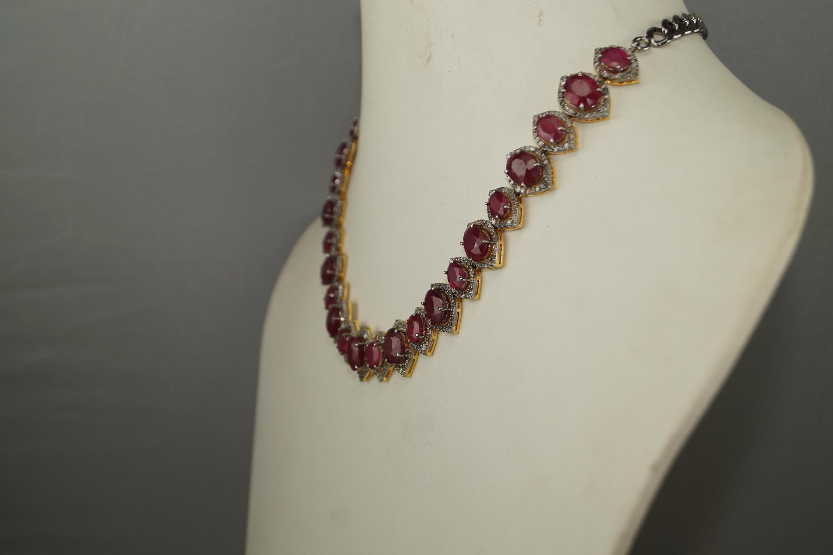 Certified Natural Pave Diamond Ruby Sterling silver bridal wedding necklace For Sale 2
