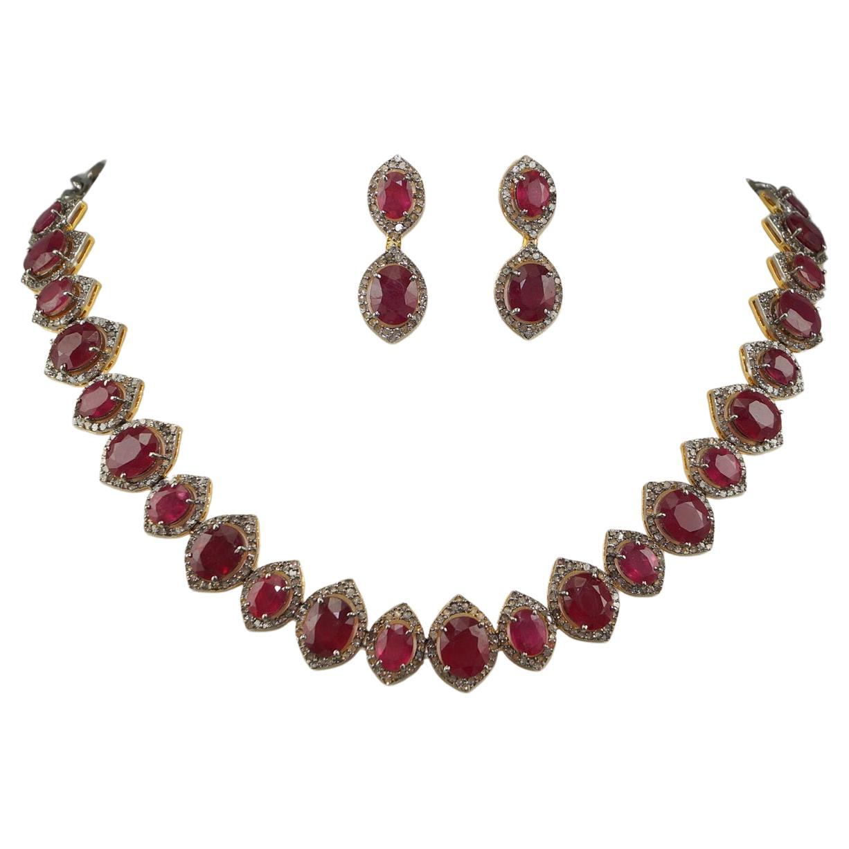 Certified Natural Pave Diamond Ruby Sterling silver bridal wedding necklace
