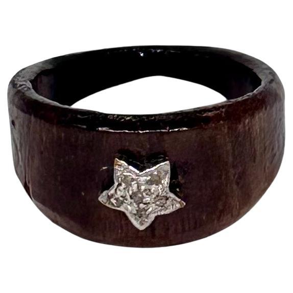Certified natural pave diamond star 925 silver wooden ring For Sale