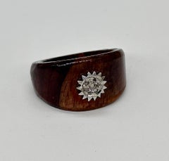 Certified natural pave diamond sunburst 925 silver wooden ring