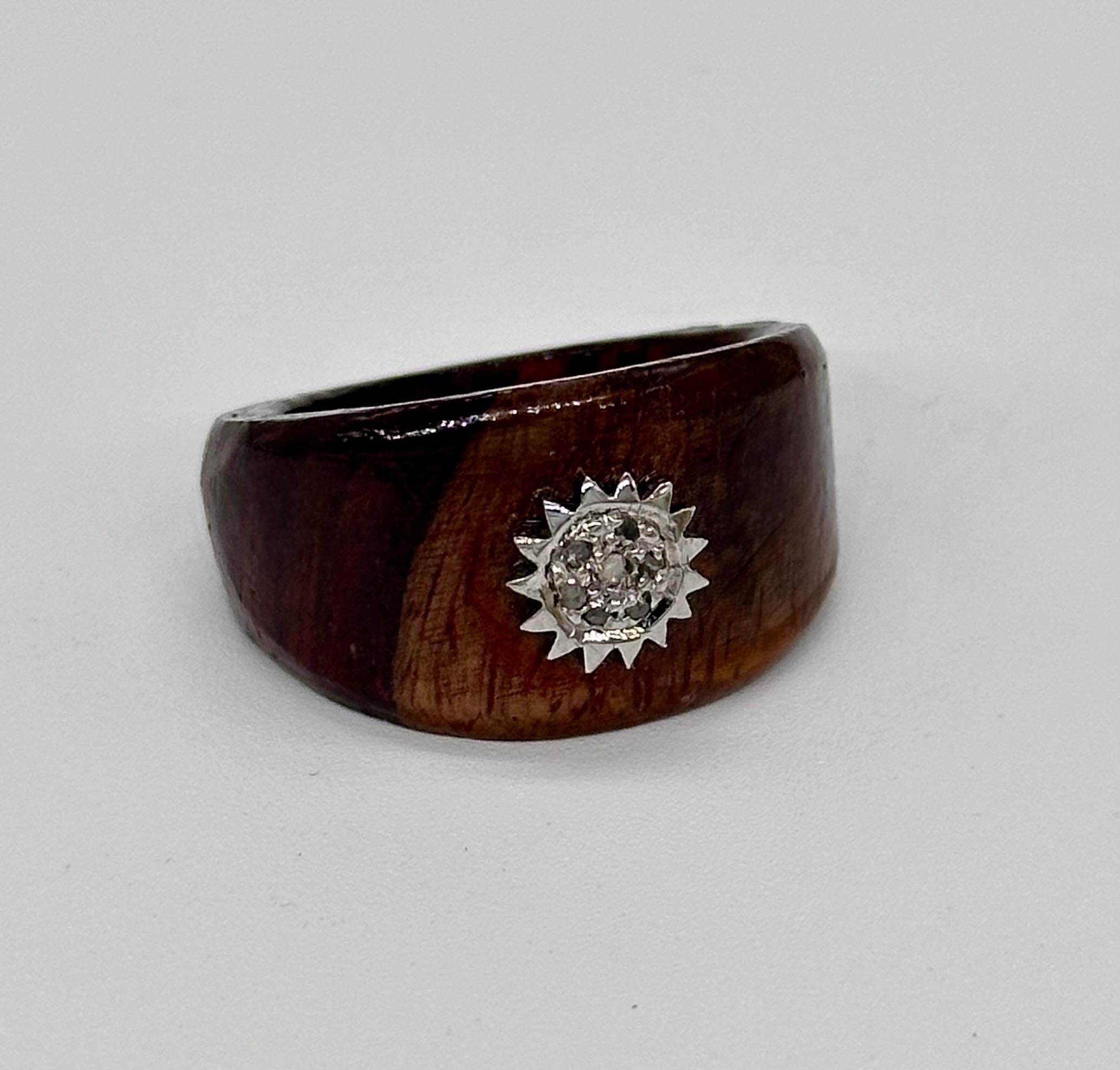 Certified natural pave diamond sunburst 925 silver wooden ring For Sale 2