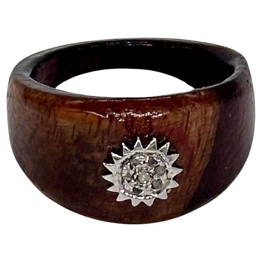 Certified natural pave diamond sunburst 925 silver wooden ring For Sale