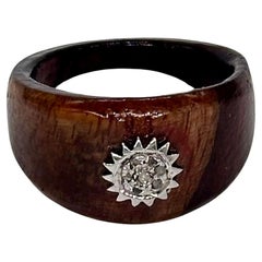 Certified natural pave diamond sunburst 925 silver wooden ring