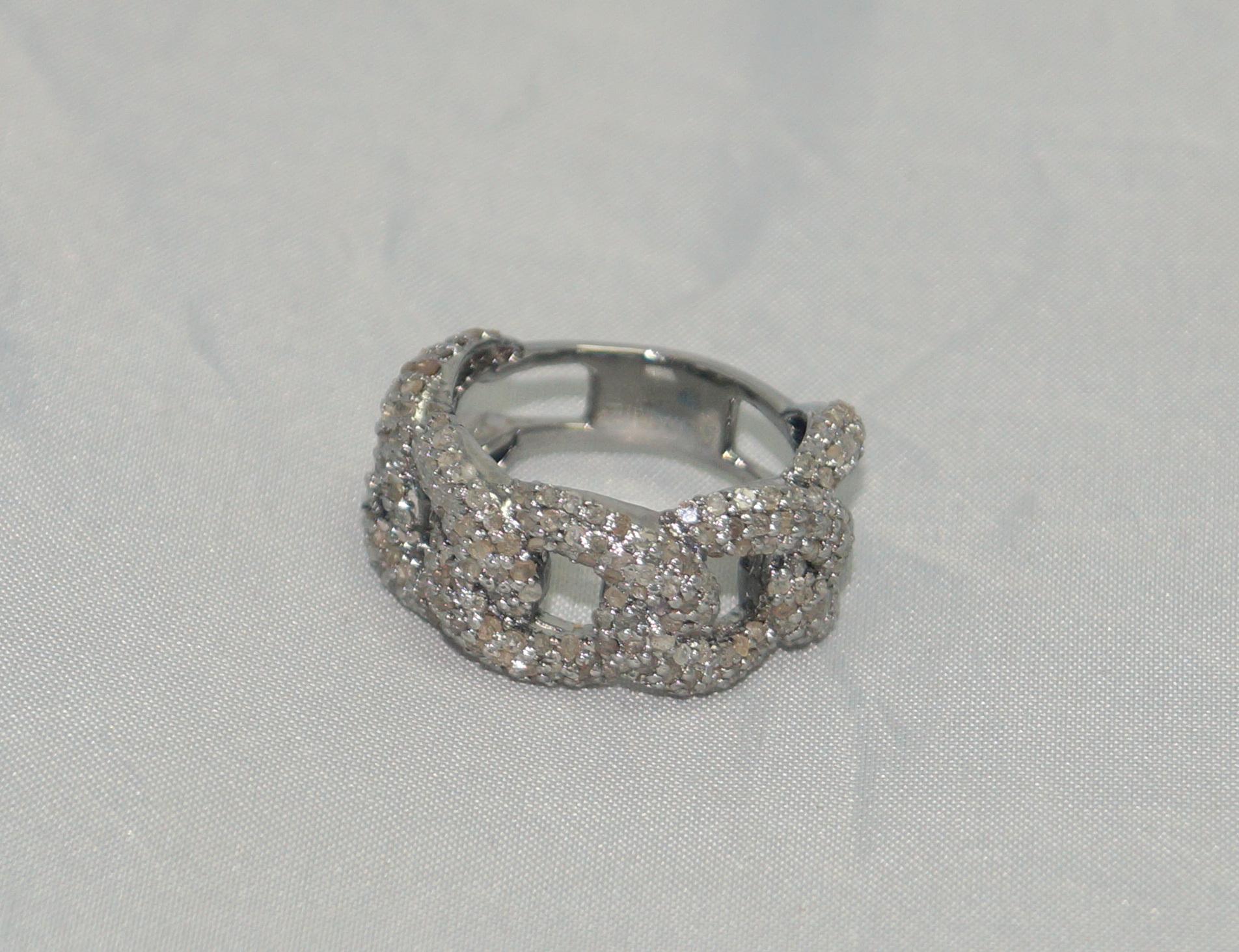 Art Nouveau Certified natural pave diamonds sterling silver statement link ring wedding ring For Sale