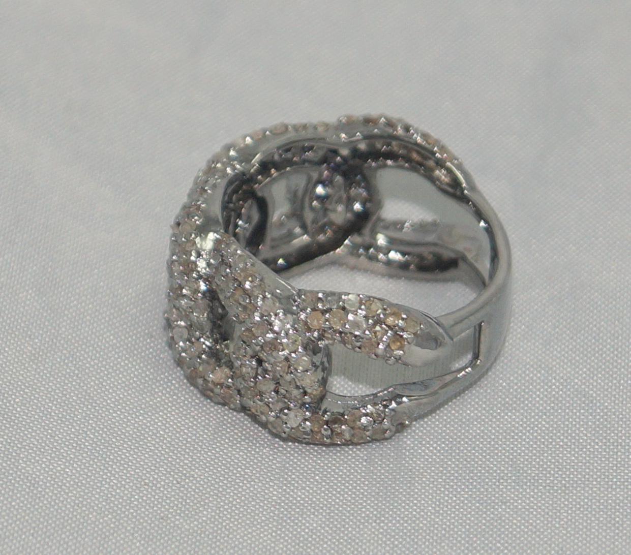 Rose Cut Certified natural pave diamonds sterling silver statement link ring wedding ring For Sale