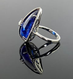 Certified Natural Pear Shaped Cabochon Tanzanite Ring with VVS Diamond