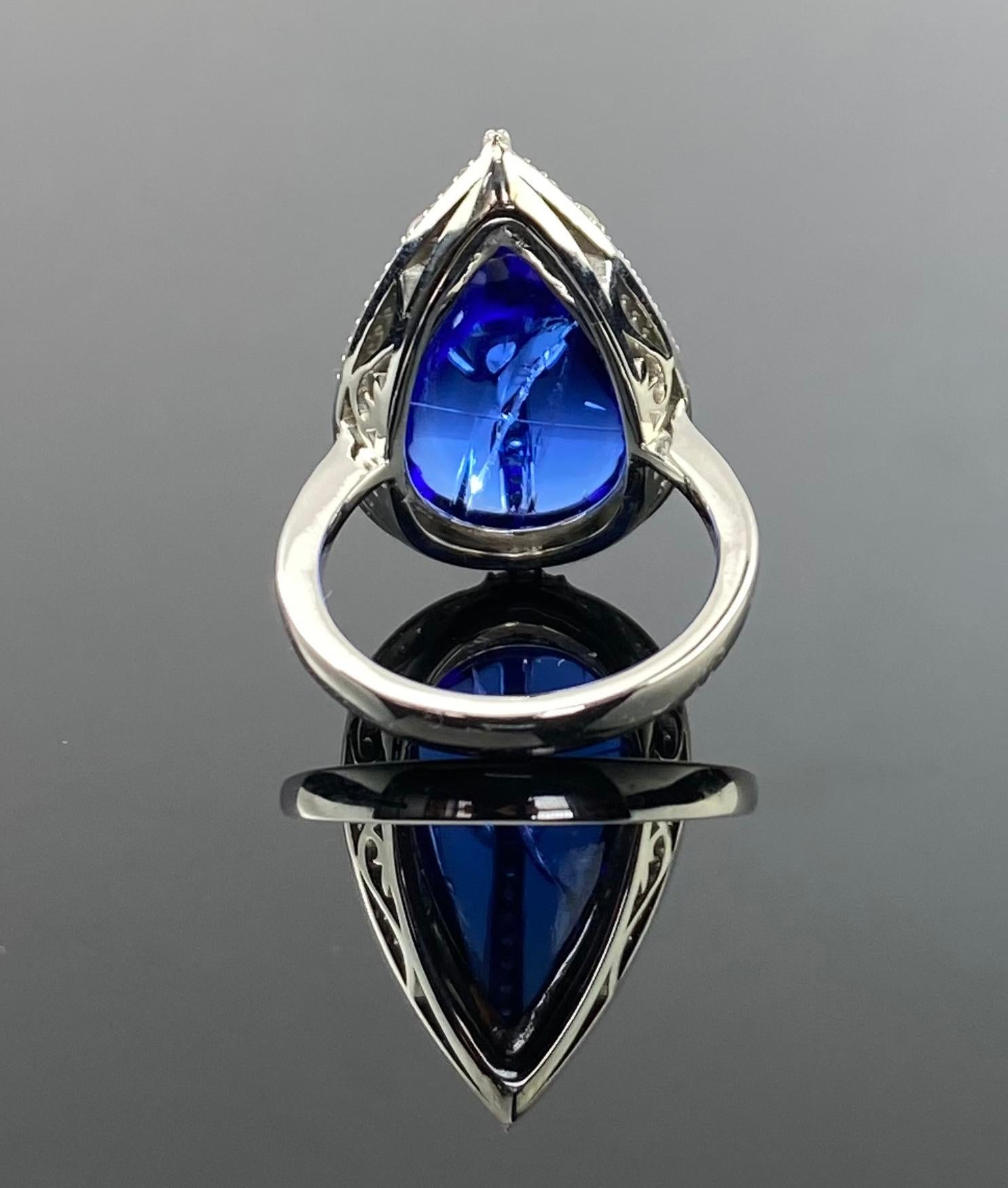 Pear Cut Certified Natural Pear Shaped Cabochon Tanzanite Ring with VVS Diamond For Sale