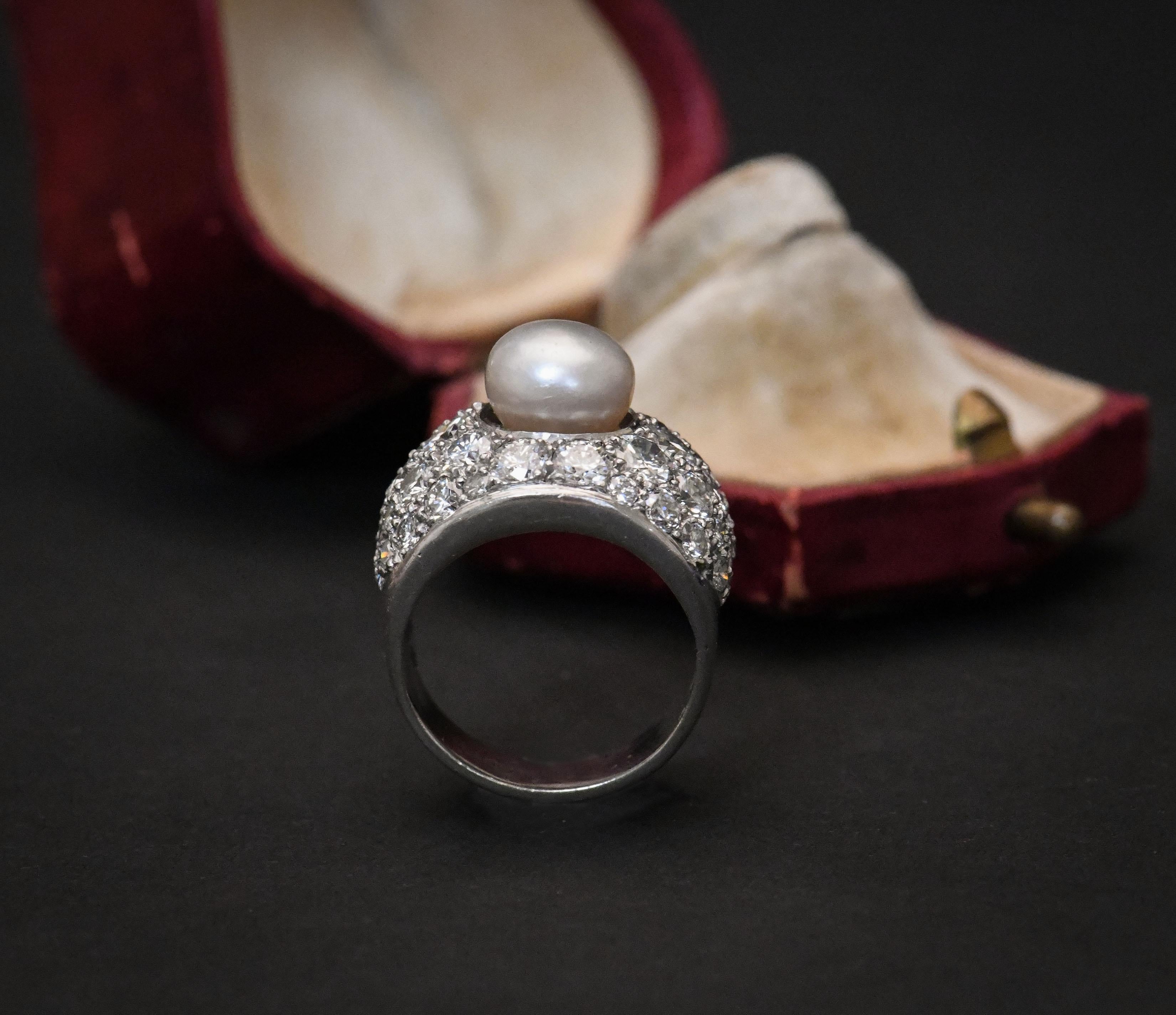 Certified Natural Pearl 14 Karat White Gold and Diamond Ring 4