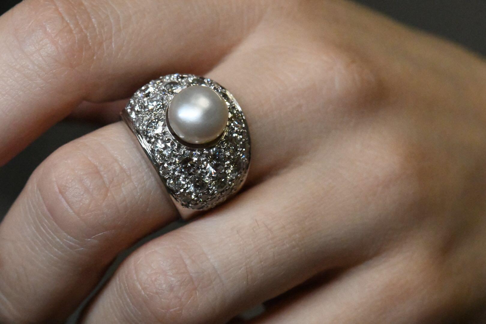 Certified Natural Pearl 14 Karat White Gold and Diamond Ring 5