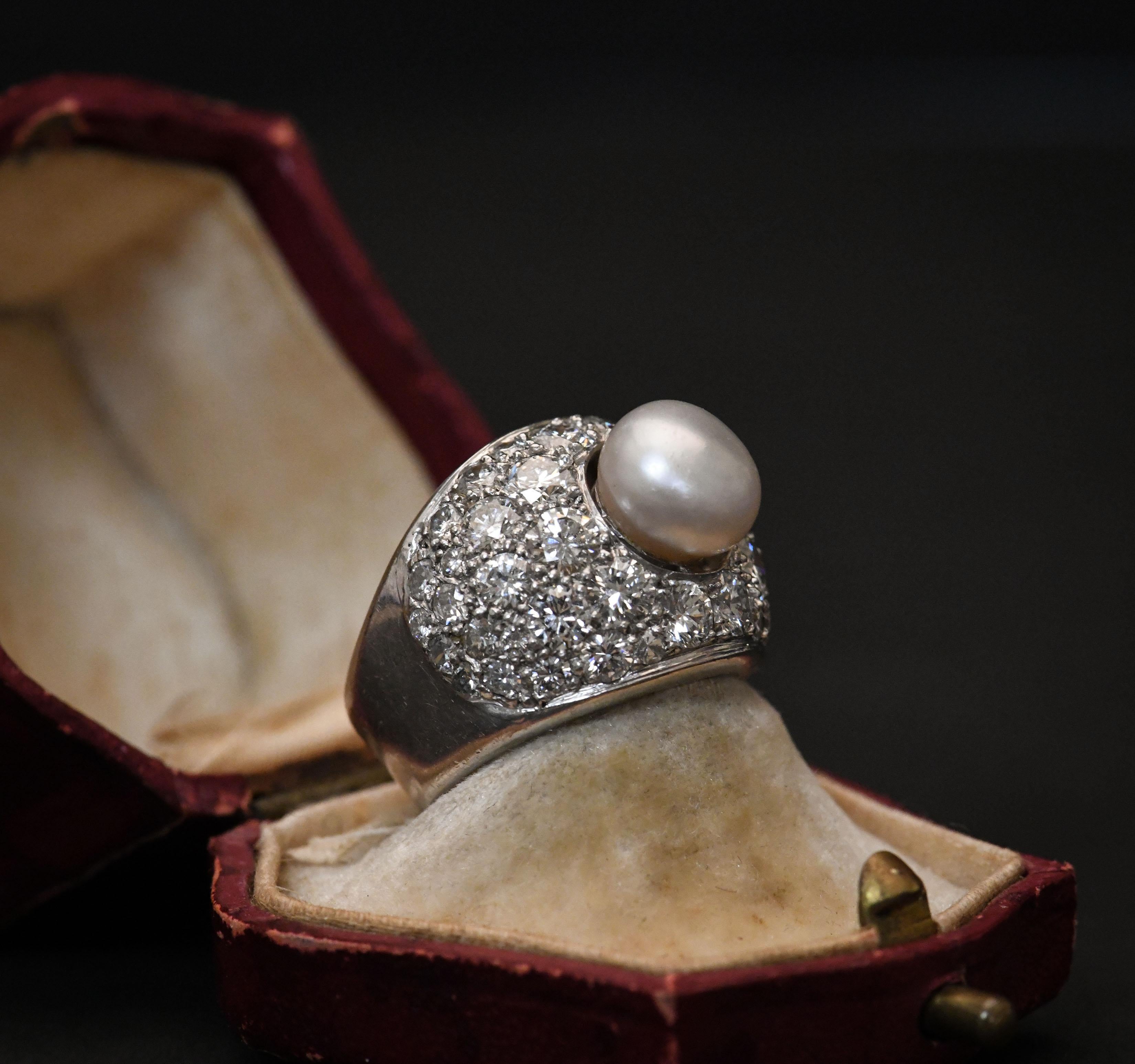 Certified Natural Pearl 14 Karat White Gold and Diamond Ring 7
