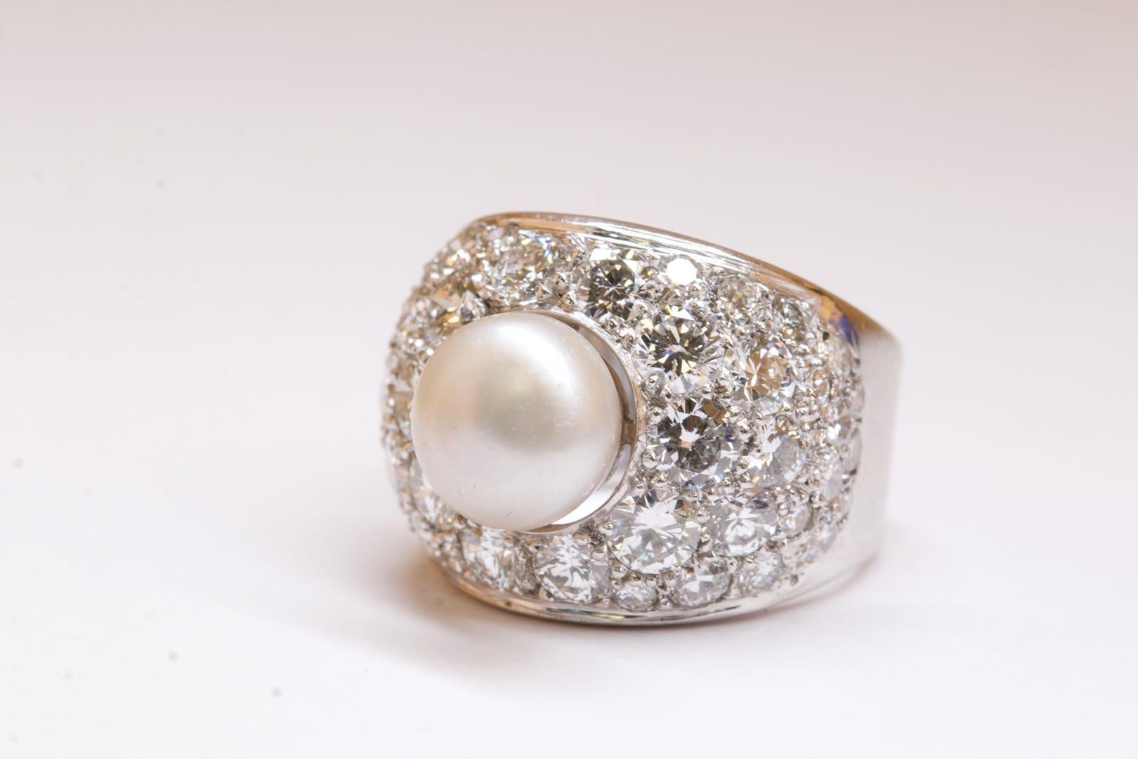 Certified Natural Pearl 14 Karat White Gold and Diamond Ring 8