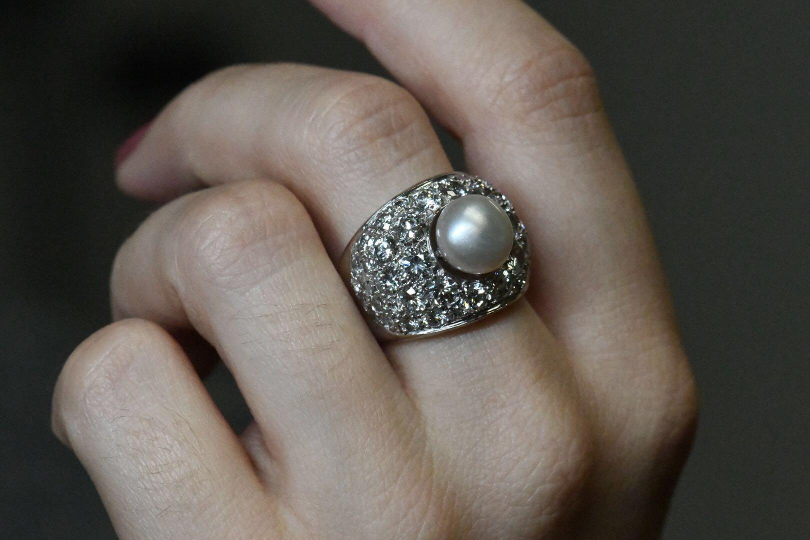 Women's Certified Natural Pearl 14 Karat White Gold and Diamond Ring