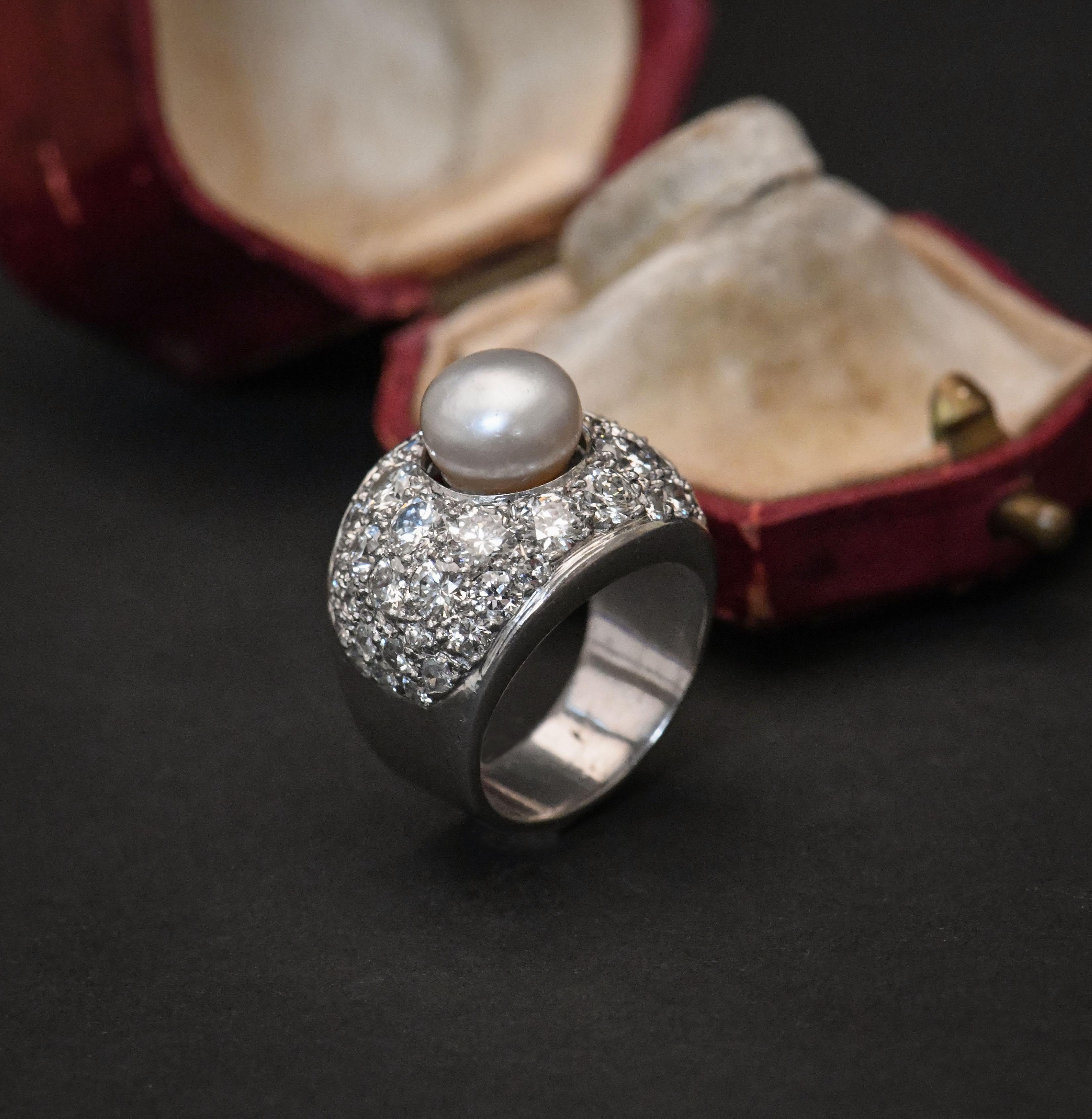 Certified Natural Pearl 14 Karat White Gold and Diamond Ring 2