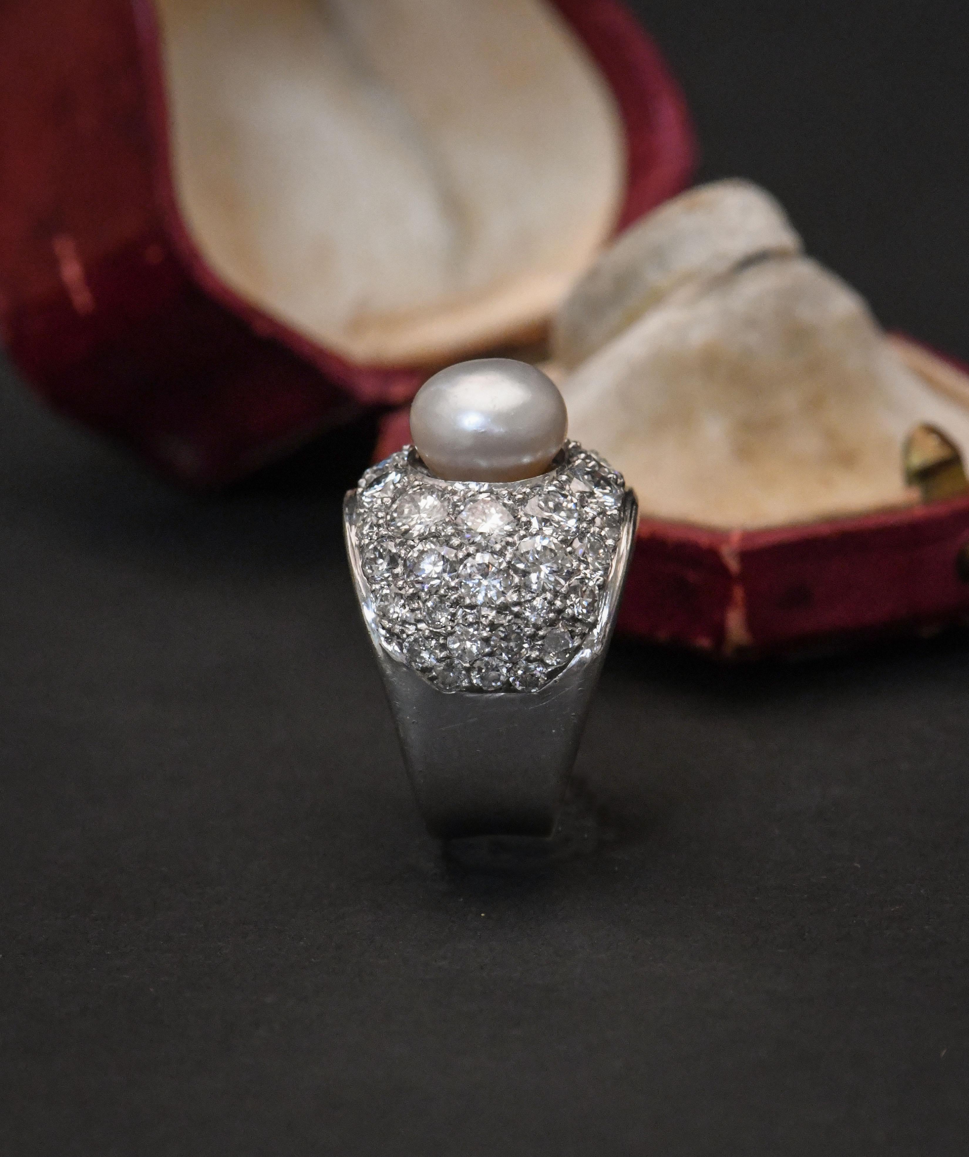 Certified Natural Pearl 14 Karat White Gold and Diamond Ring 3