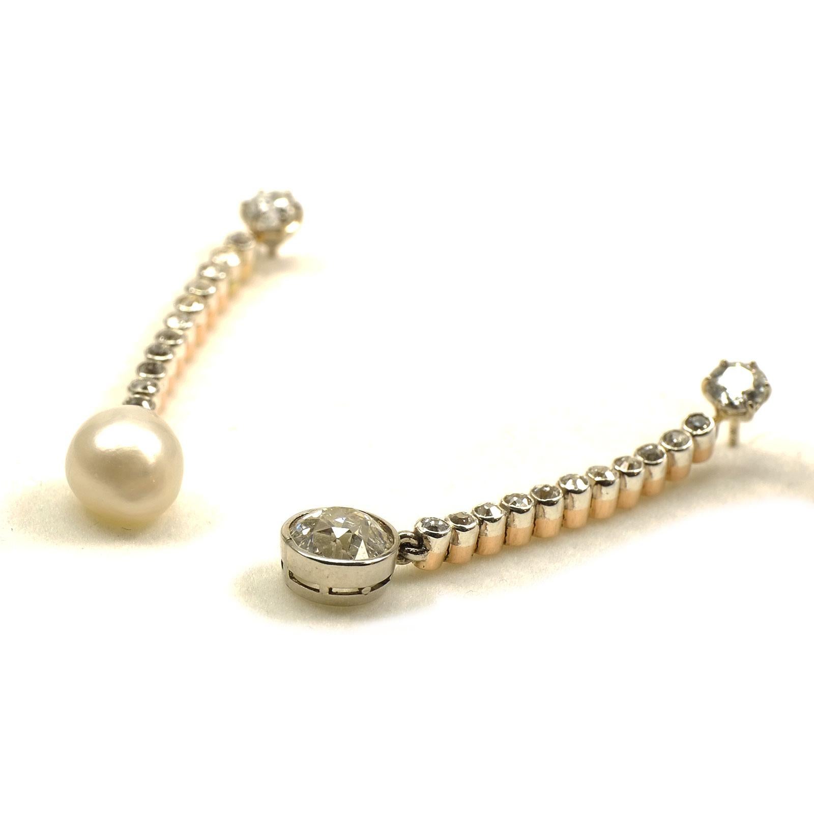 Old European Cut Certified Natural Pearl and 2.54 Carat Diamond Gold Earrings, circa 1930