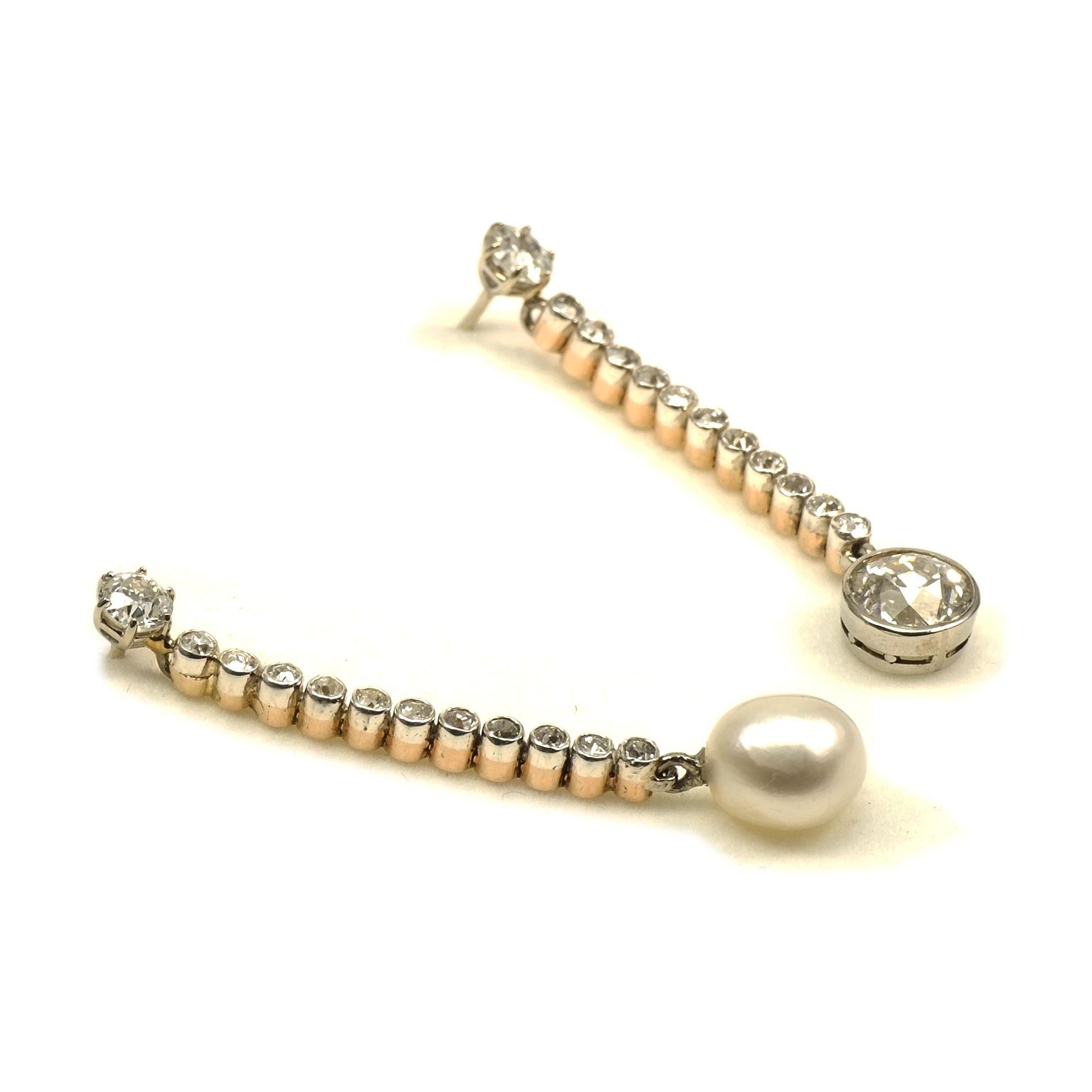 Certified Natural Pearl and 2.54 Carat Diamond Gold Earrings, circa 1930 2