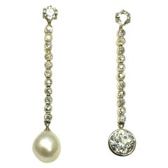 Certified Natural Pearl and 2.54 Carat Diamond Gold Earrings, circa 1930