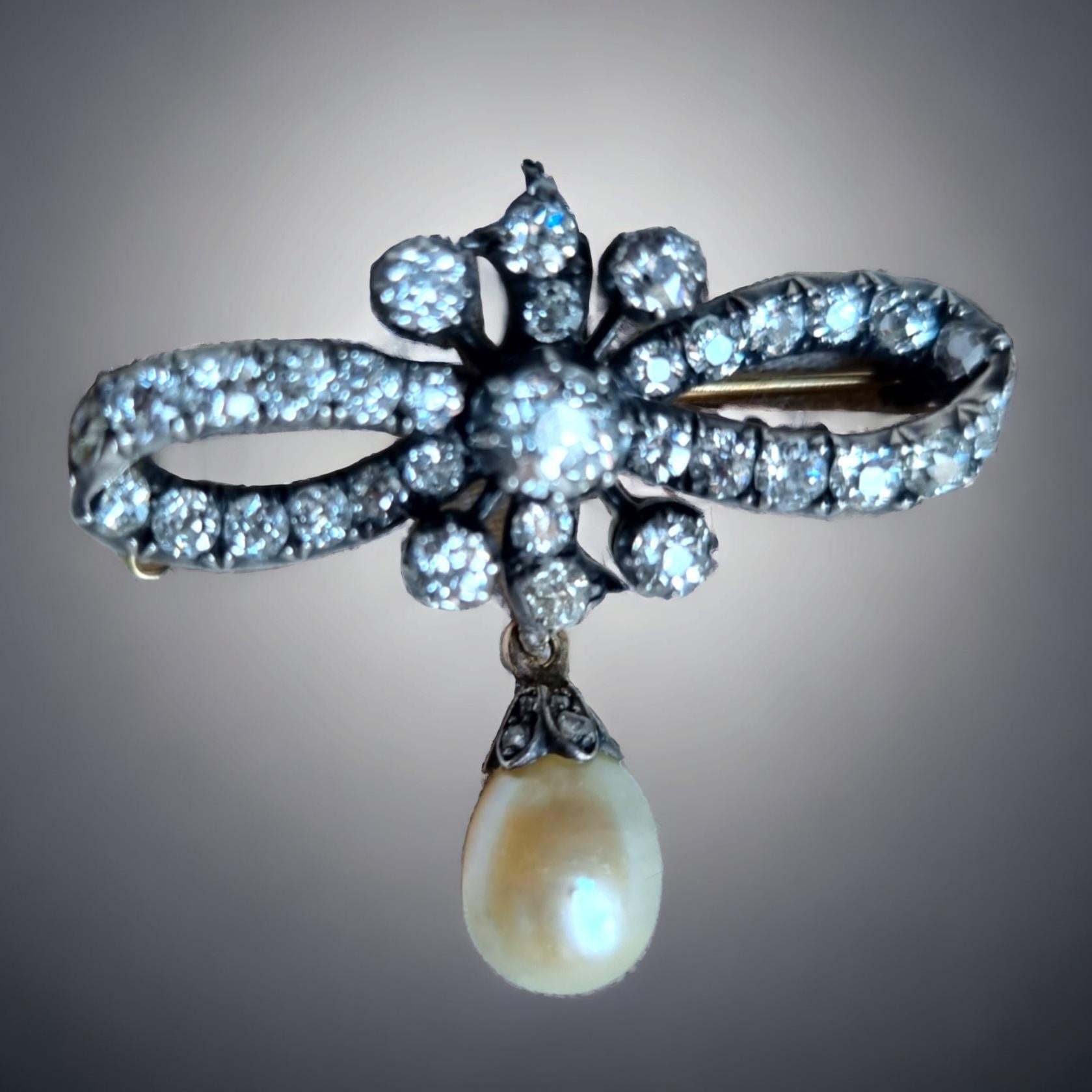 Women's or Men's Certified Natural Pearl and  Diamond Bow  Brooch 19th Century For Sale