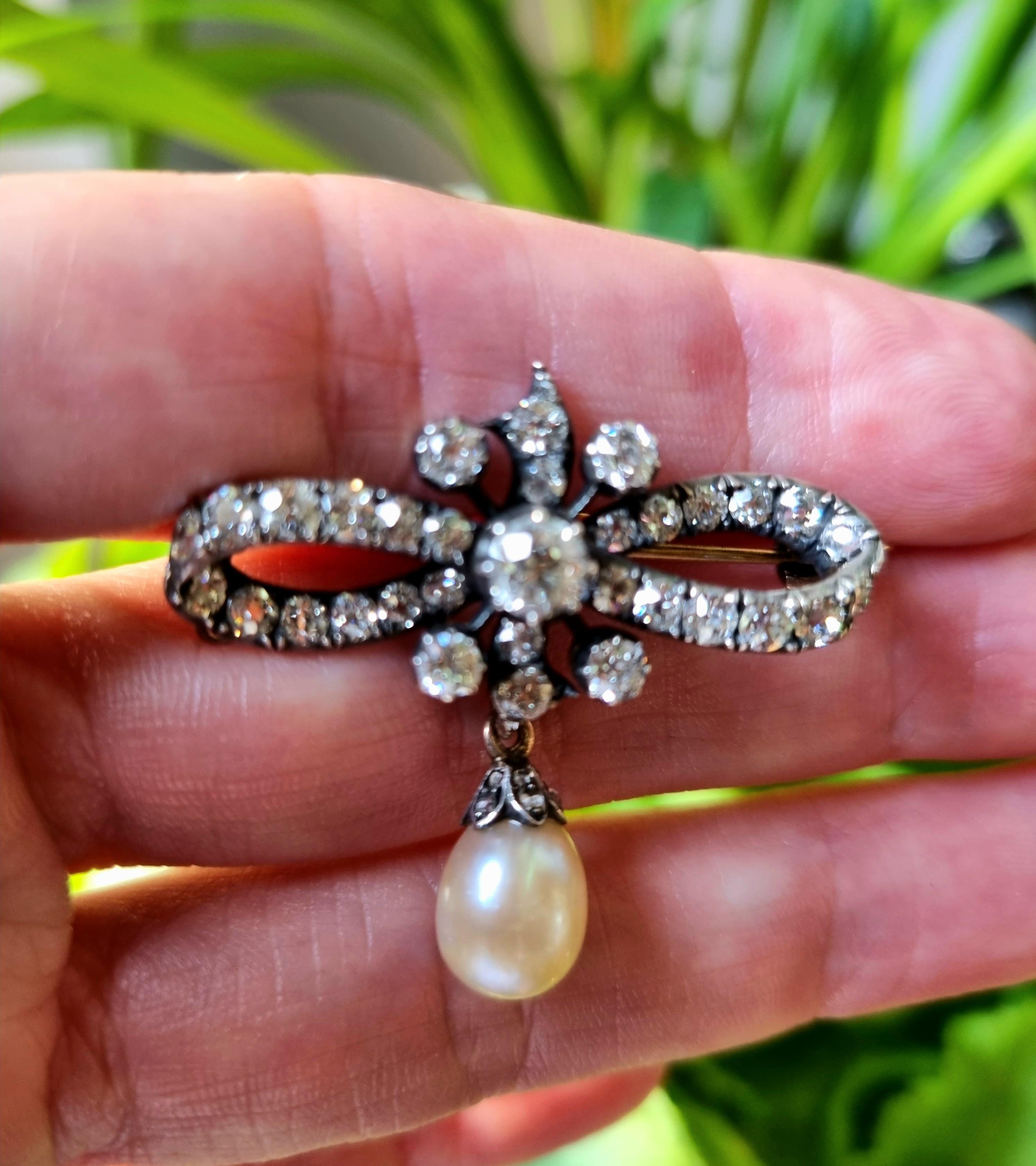 Victorian Certified Natural Pearl and  Diamond Bow  Brooch 19th Century For Sale