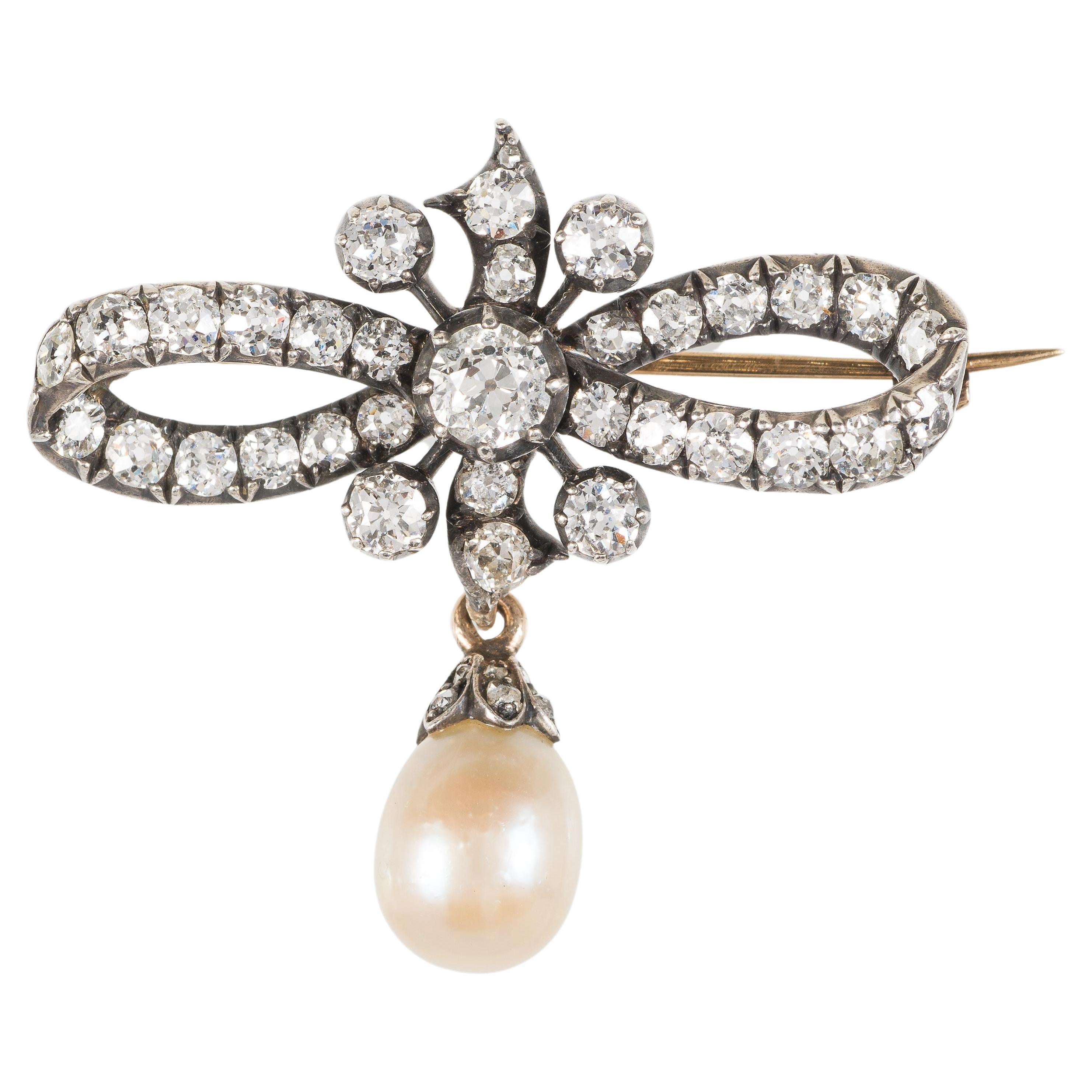 Certified Natural Pearl and  Diamond Bow  Brooch 19th Century For Sale