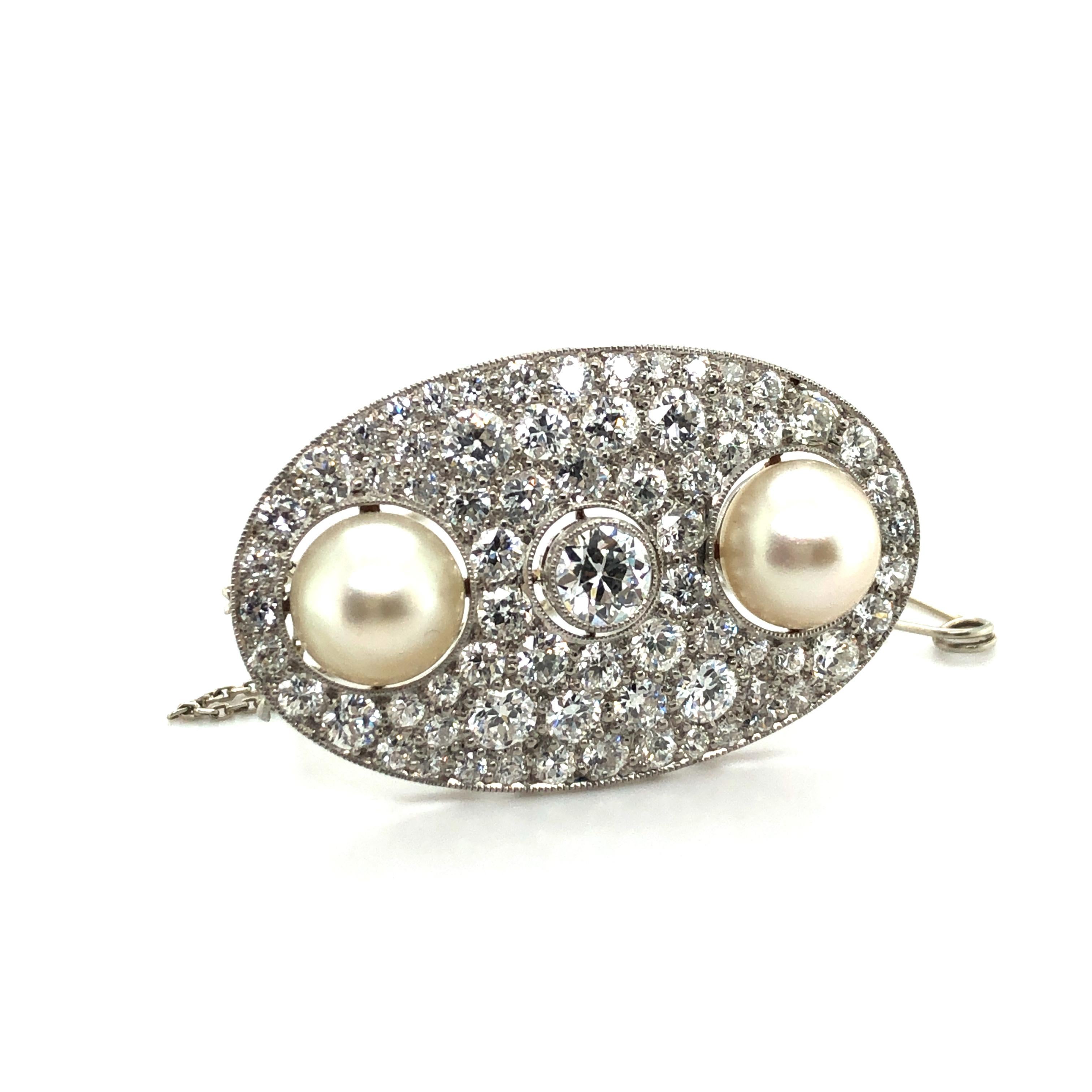 Old European Cut Certified Natural Pearl and Diamond Brooch in Platinum, ca. 1925