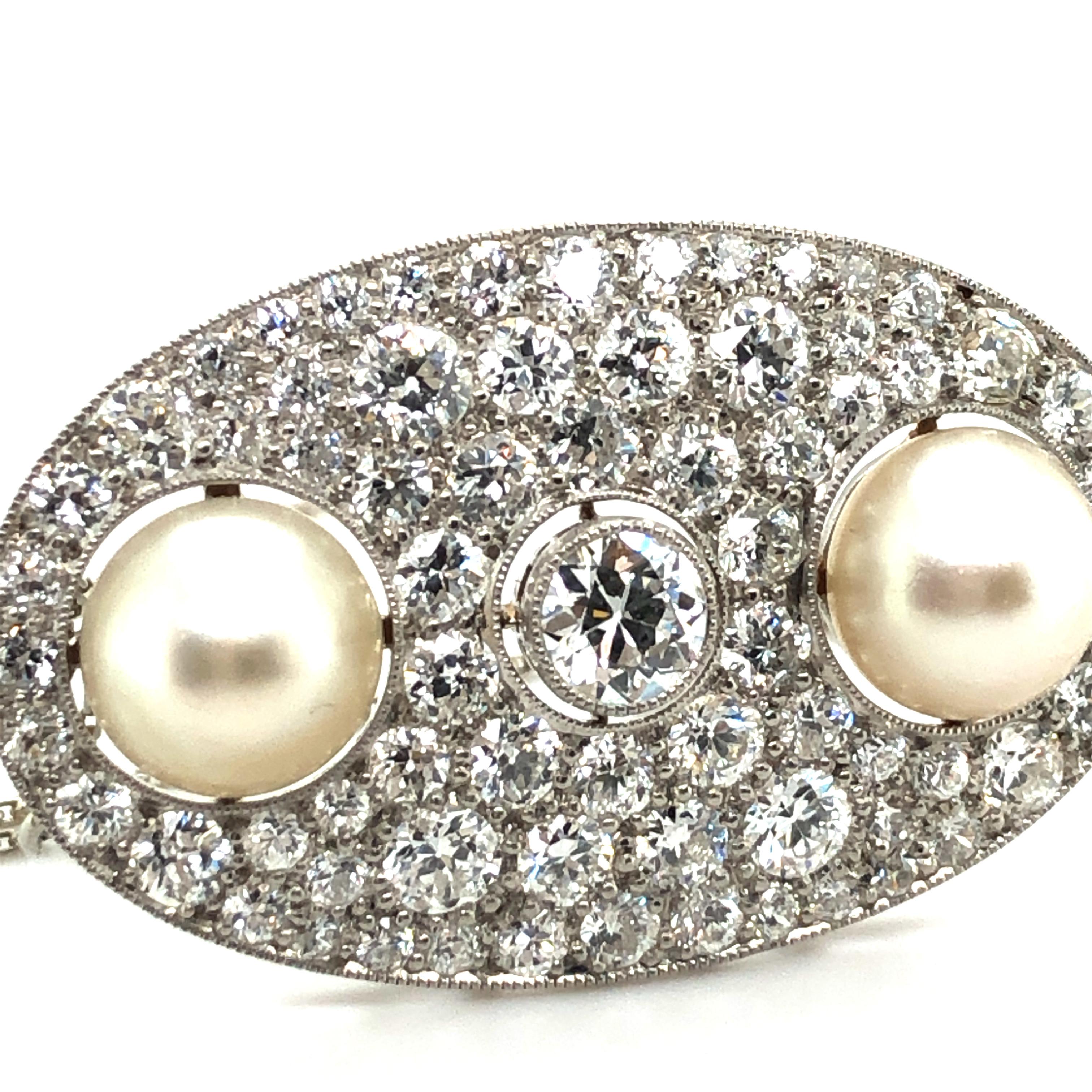 Women's or Men's Certified Natural Pearl and Diamond Brooch in Platinum, ca. 1925