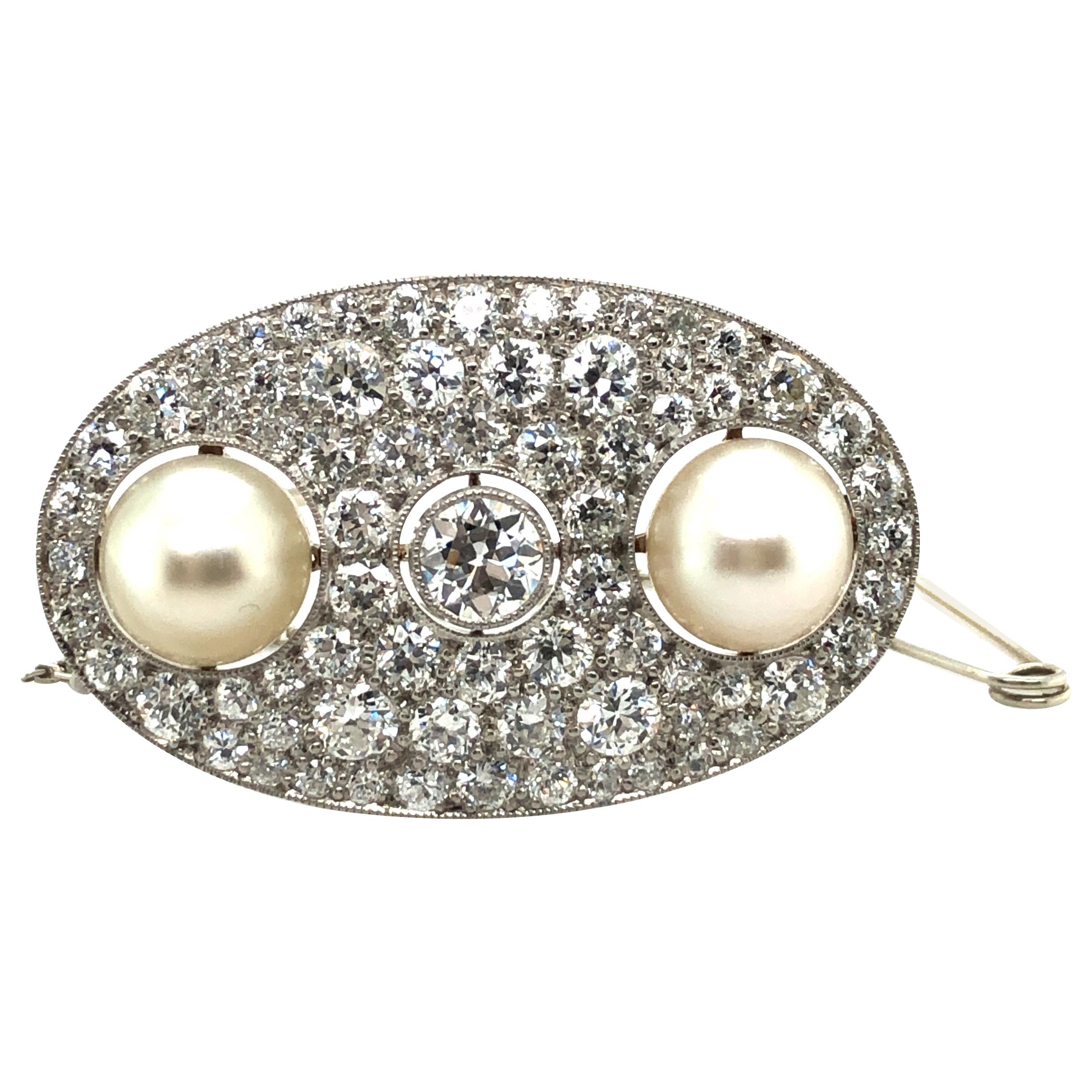 Certified Natural Pearl and Diamond Brooch in Platinum, ca. 1925