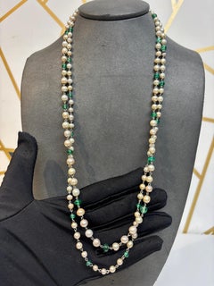 Certified Natural Pearl and Emerald Bead Necklace