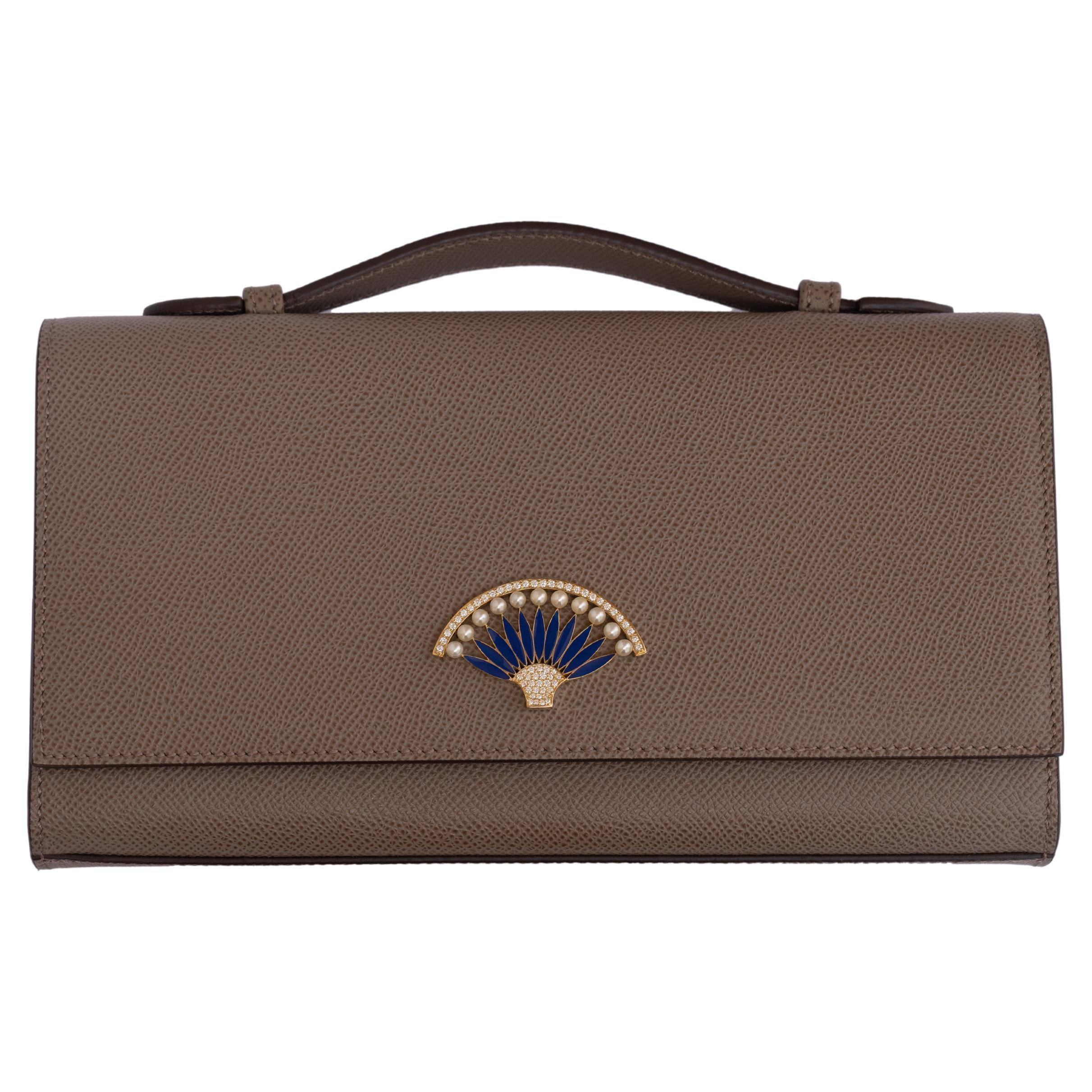 Certified Natural Pearls Genuine Leather Clutch in 18k Yellow gold with Diamonds