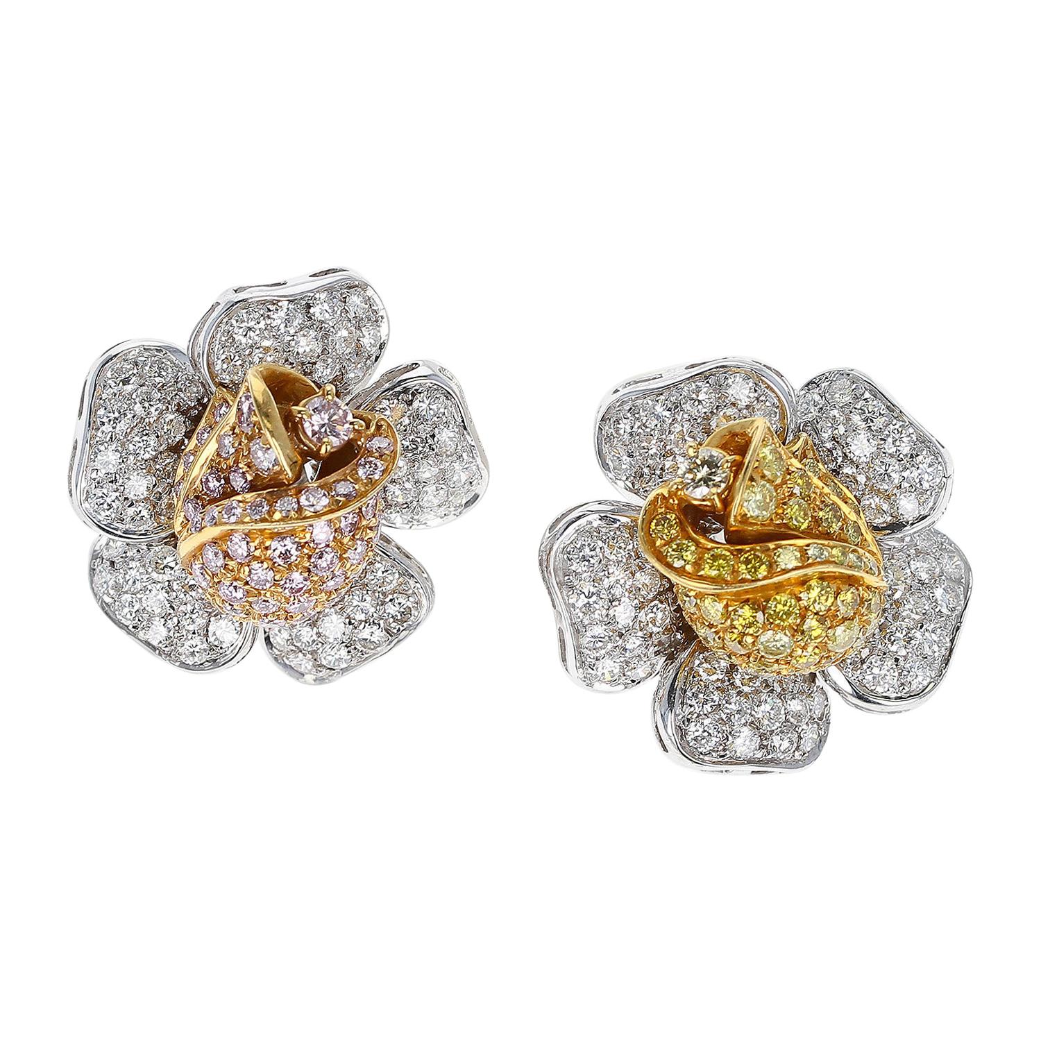 Certified Natural Pink and Yellow Diamond Floral Rose Earrings