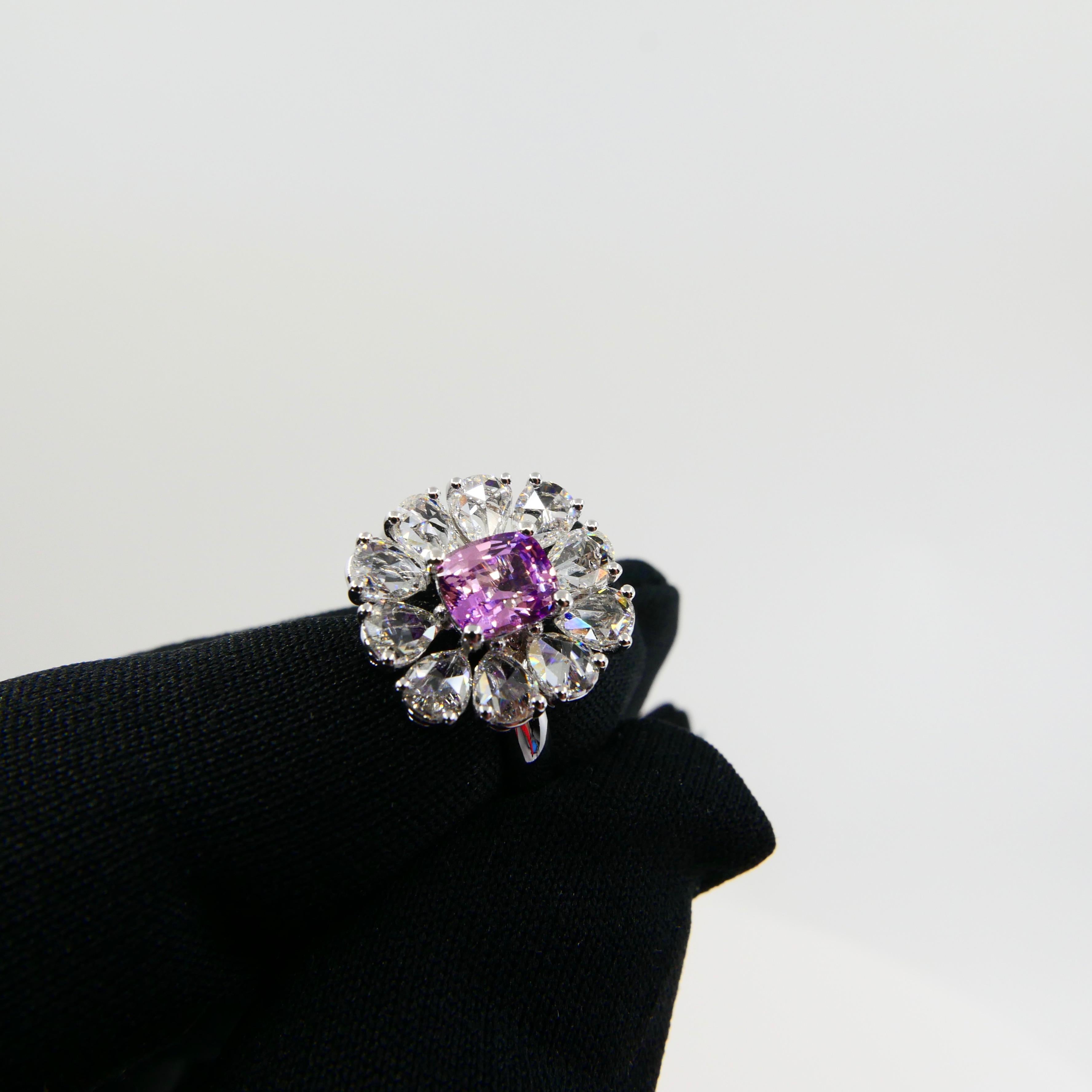 Certified Natural Pink Purple No Heat Sapphire & Rose Cut Diamond Cocktail Ring For Sale 11