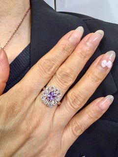 Certified Natural Pink Purple No Heat Sapphire & Rose Cut Diamond Cocktail Ring