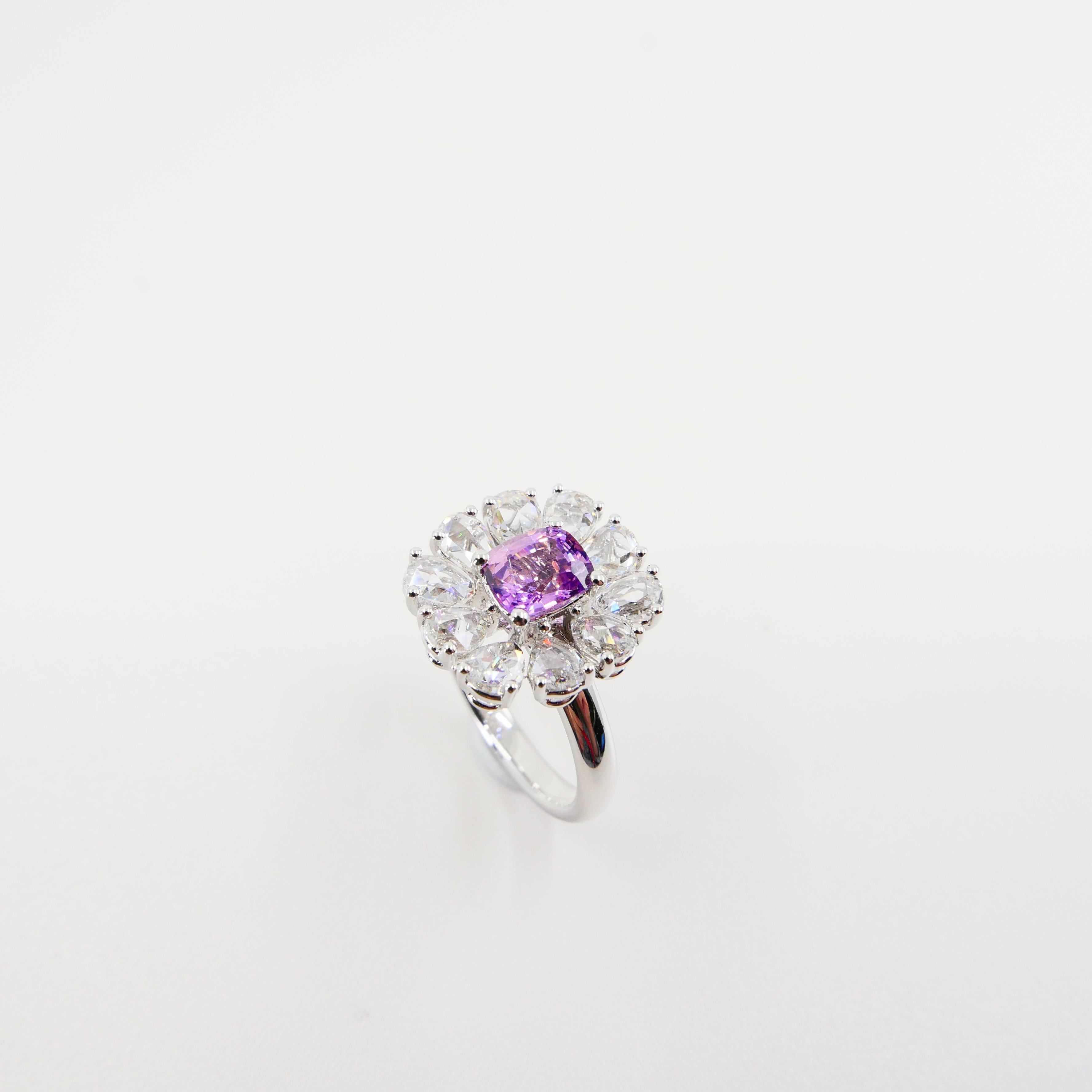 Certified Natural Pink Purple No Heat Sapphire & Rose Cut Diamond Cocktail Ring For Sale 2