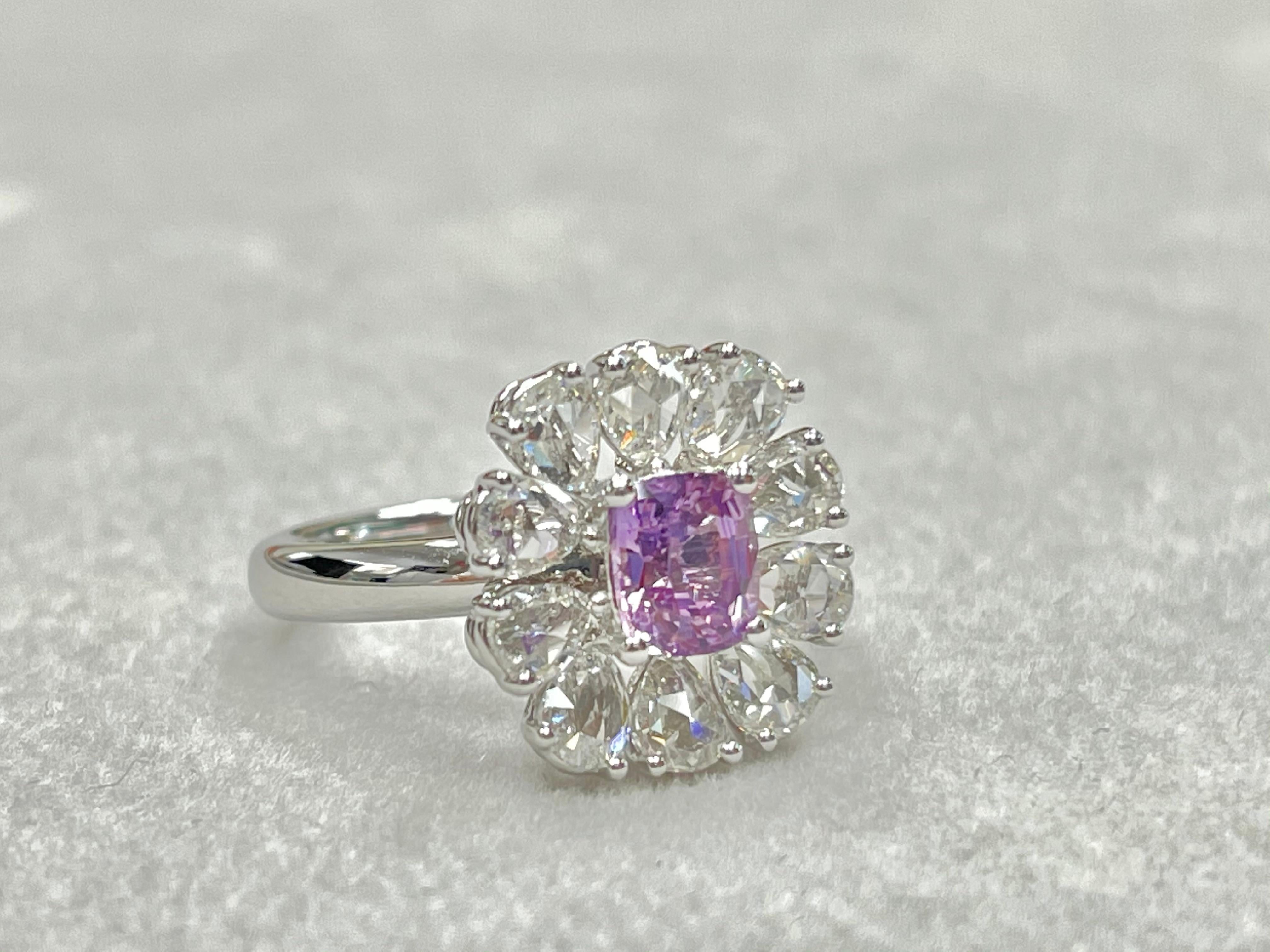 Cushion Cut Certified Natural Pink Purple No Heat Sapphire & Rose Cut Diamond Cocktail Ring For Sale