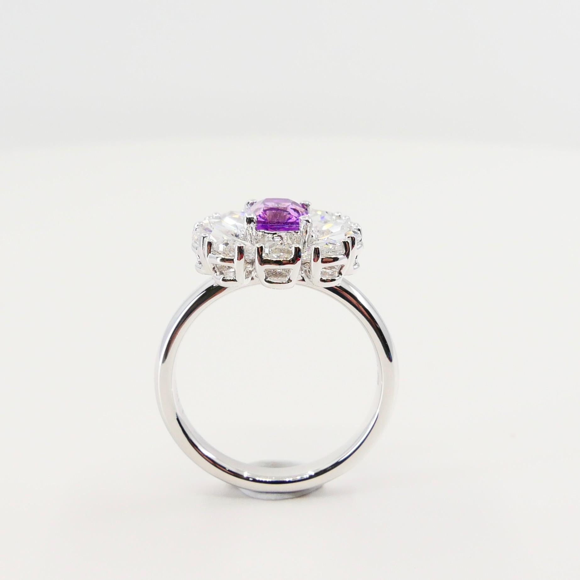 Certified Natural Pink Purple No Heat Sapphire & Rose Cut Diamond Cocktail Ring For Sale 5