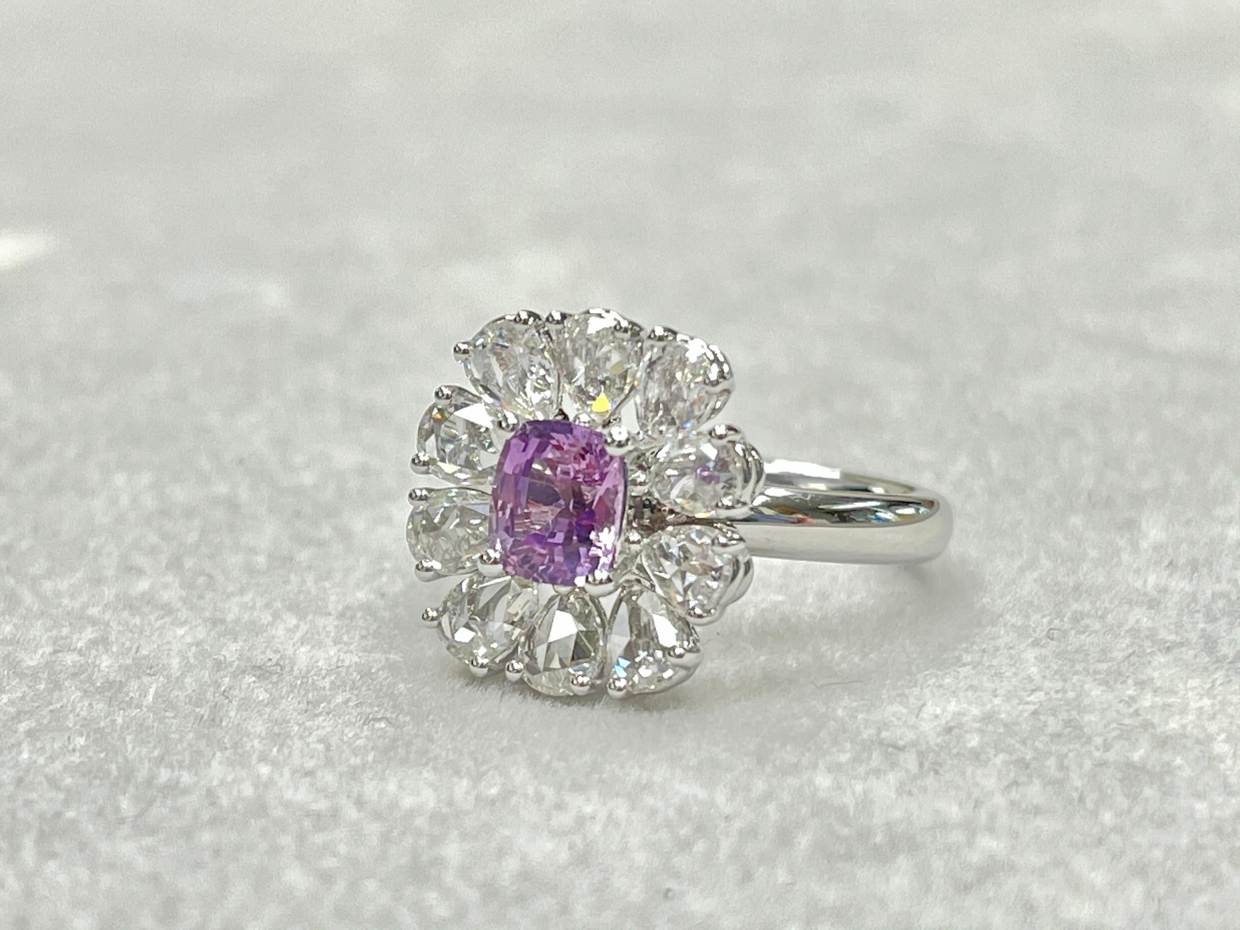 Bague cocktail certifiée naturelle, saphir rose violet sans chaleur et diamant taille rose en vente 1