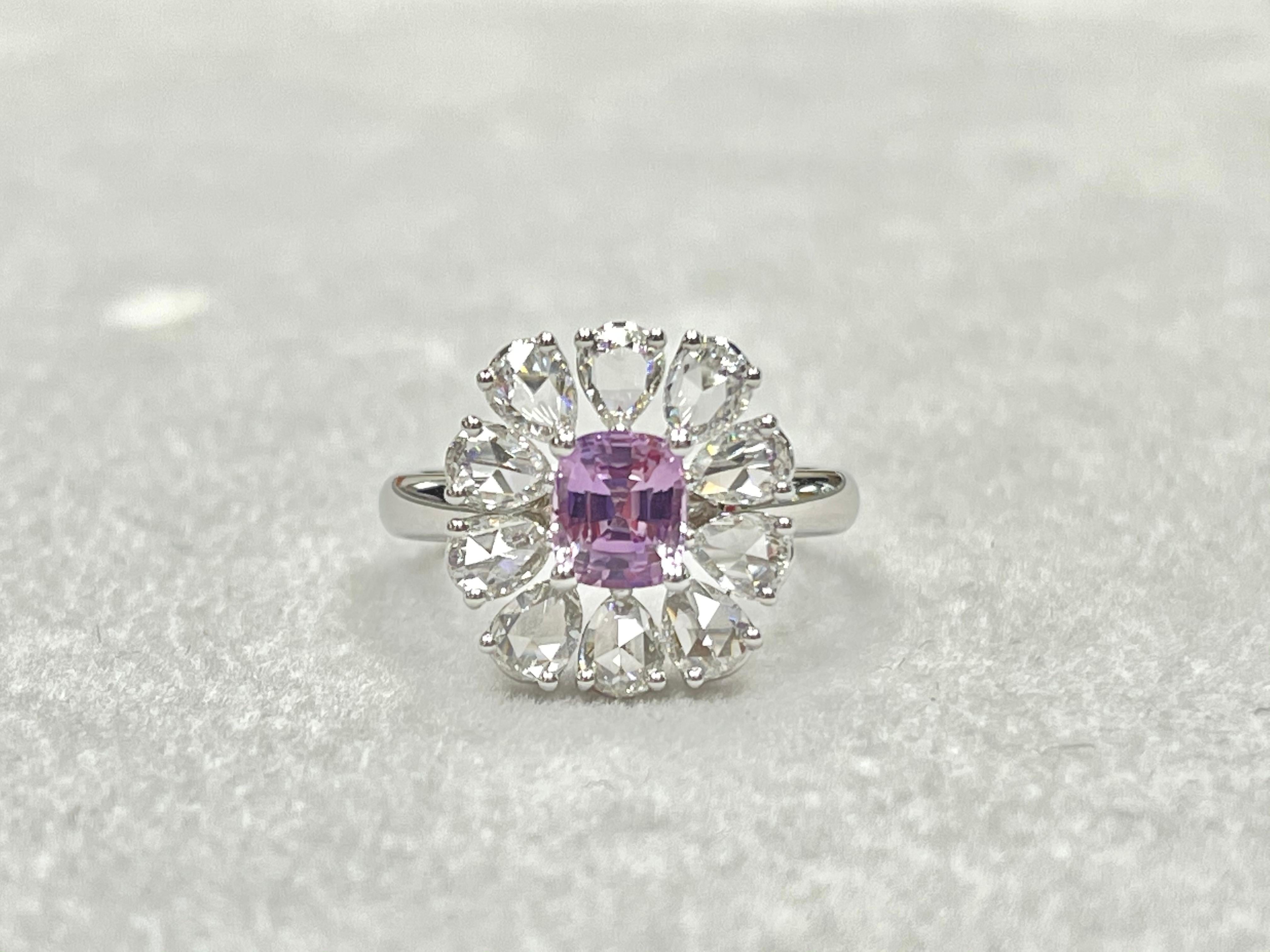 Certified Natural Pink Purple No Heat Sapphire & Rose Cut Diamond Cocktail Ring For Sale 4