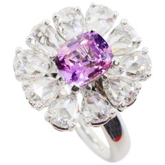 Certified Natural Pink Purple No Heat Sapphire & Rose Cut Diamond Cocktail Ring