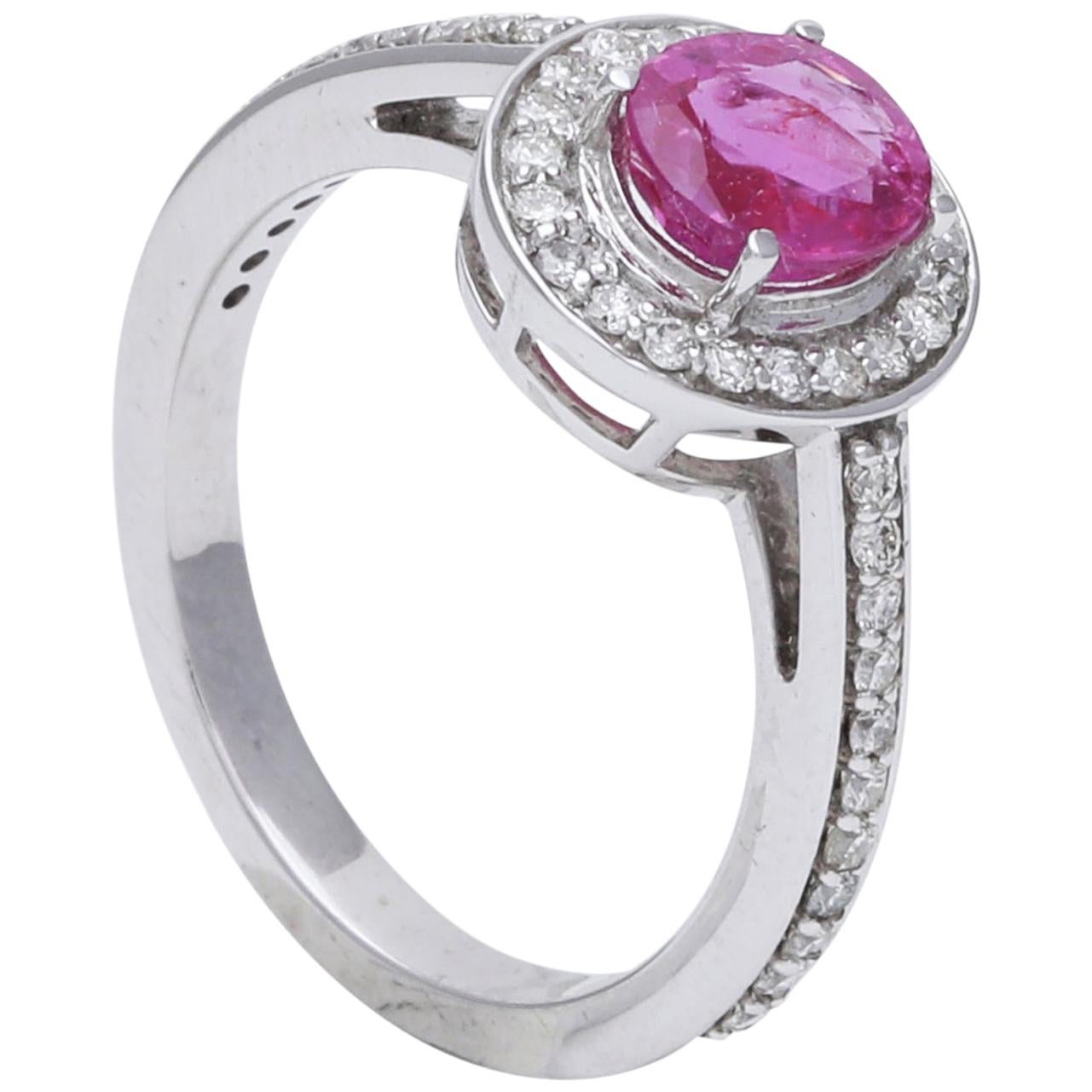 Certified Natural Pink Ruby Ring with Diamonds Set in 18 Karat White Gold For Sale