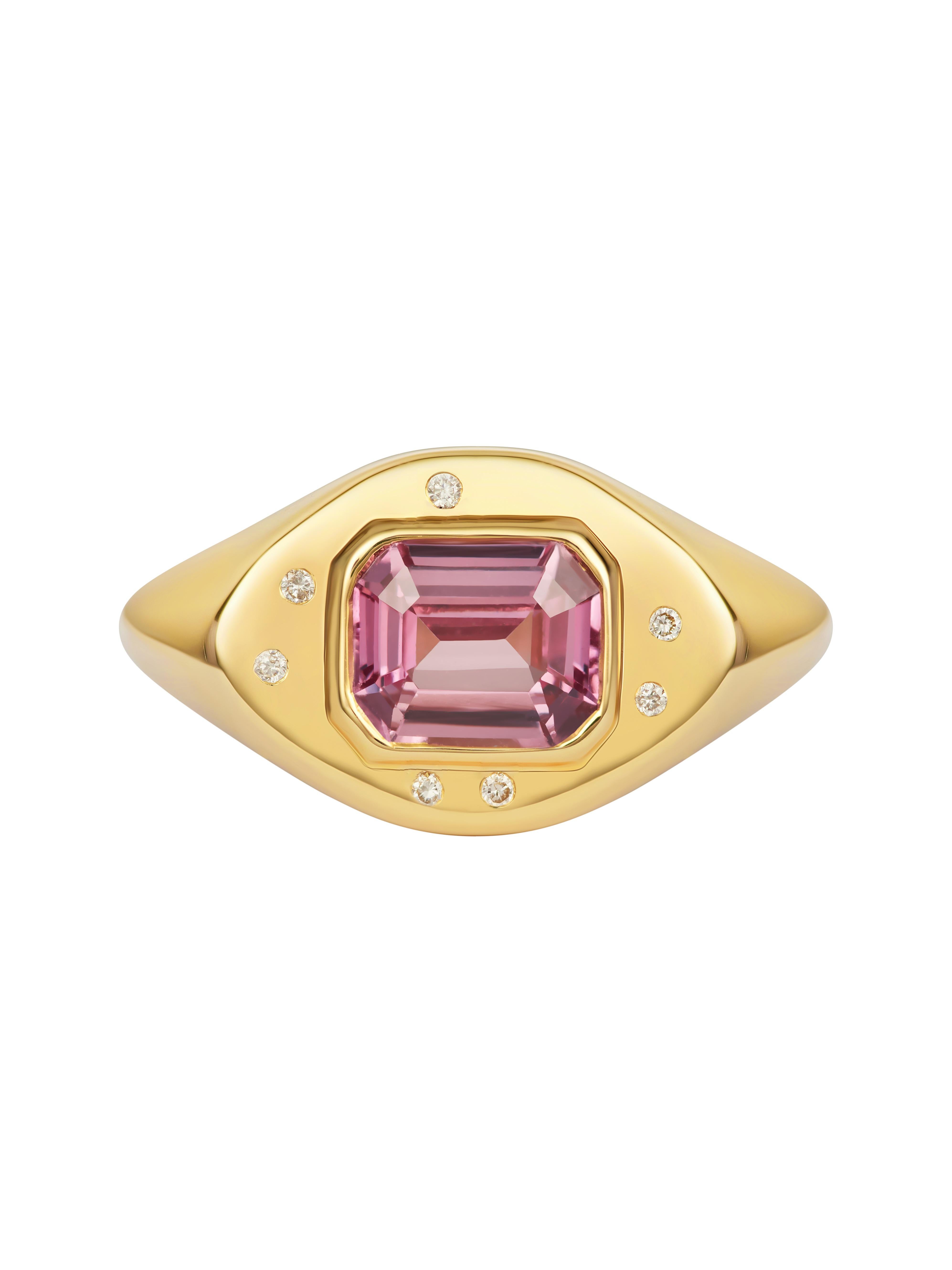 Emerald Cut Certified Natural Pink Sapphire Signet Ring  For Sale