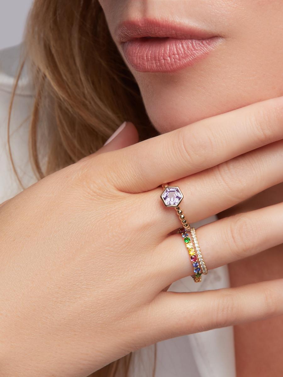 Contemporary Certified Natural Purple Sapphire Hex Ring  For Sale