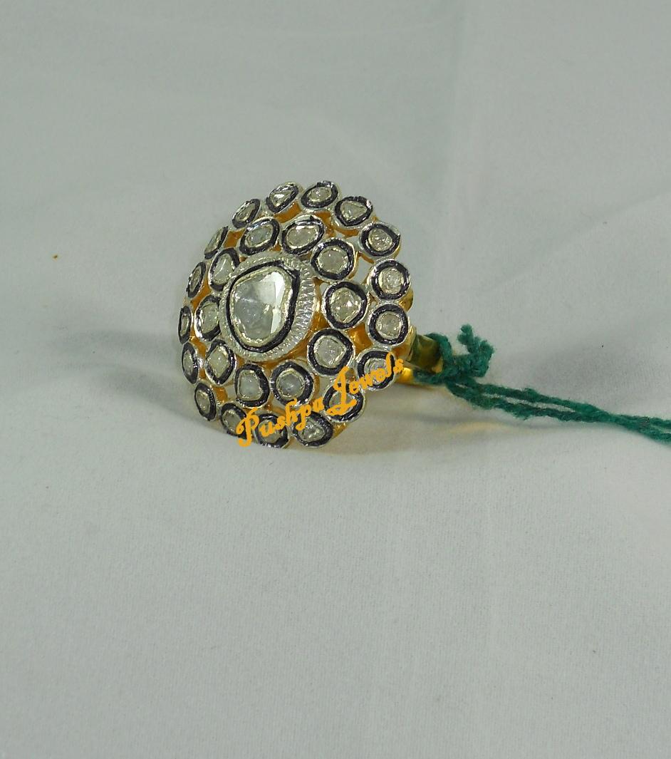 Contemporary Certified natural real 4.77carats uncut diamonds 18K gold silver ring For Sale