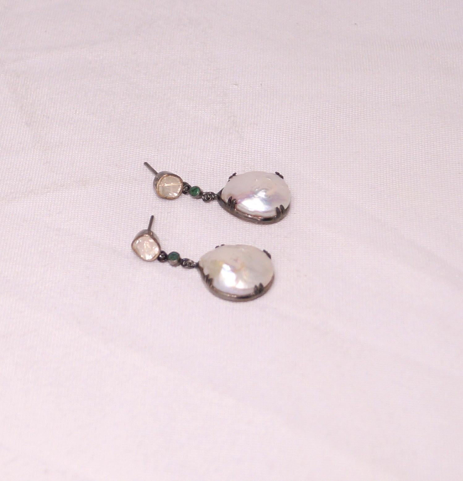 Edwardian Certified natural real uncut diamonds sterling silver baroque pearl earrings For Sale