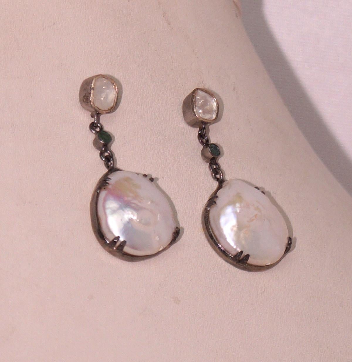 Certified natural real uncut diamonds sterling silver baroque pearl earrings In New Condition For Sale In Delhi, DL